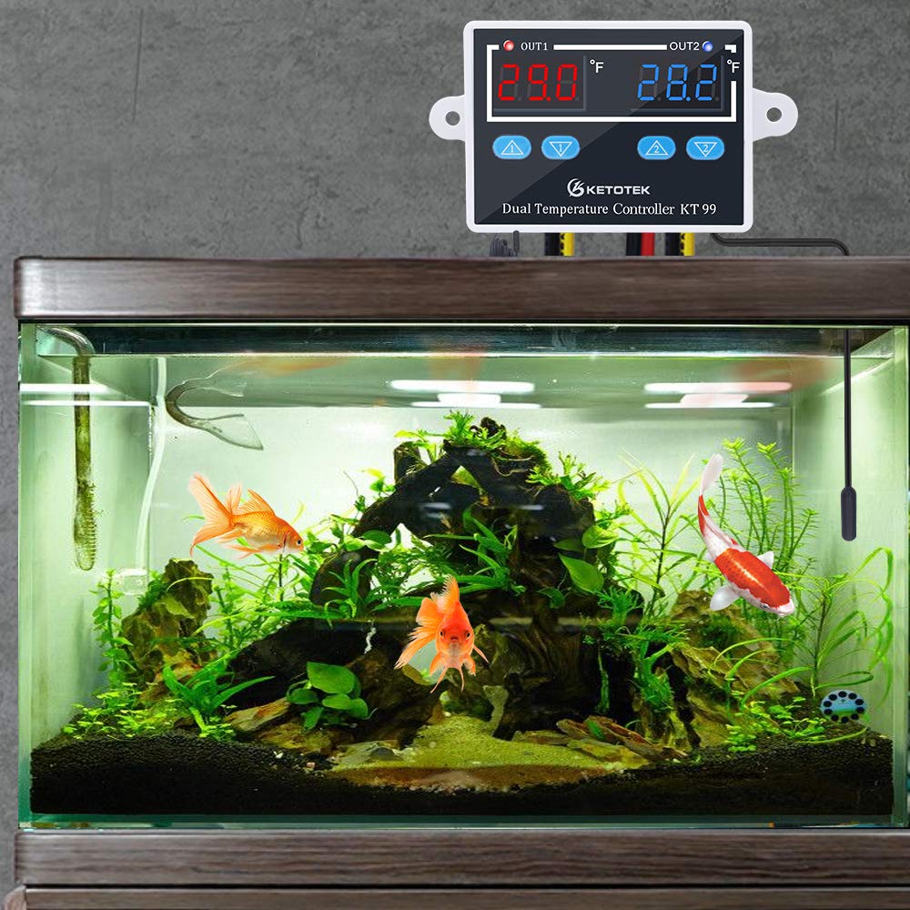 KETOTEK Regulateur de Temperature 220V Thermostat avec 2 étanche Sondes | Double Controleur de Temperature Numerique pour Aquarium Incubateur Couveuse, Mode chauffage et refroidissement