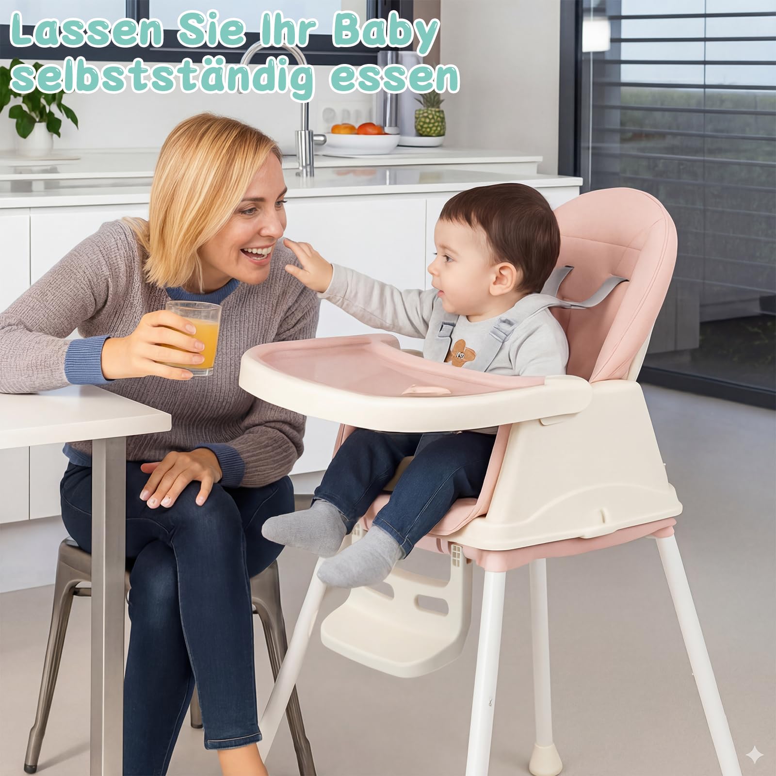 LEADZM 4 in 1 Babyhochstuhl, Umbaubar zum Laufrad und Lauflernwagen, Hochstuhl Baby mit Abnehmbares Doppeltablett und Universalrädern, Mitwachsend ab 0-36 Monate Babystuhl (Rosa)