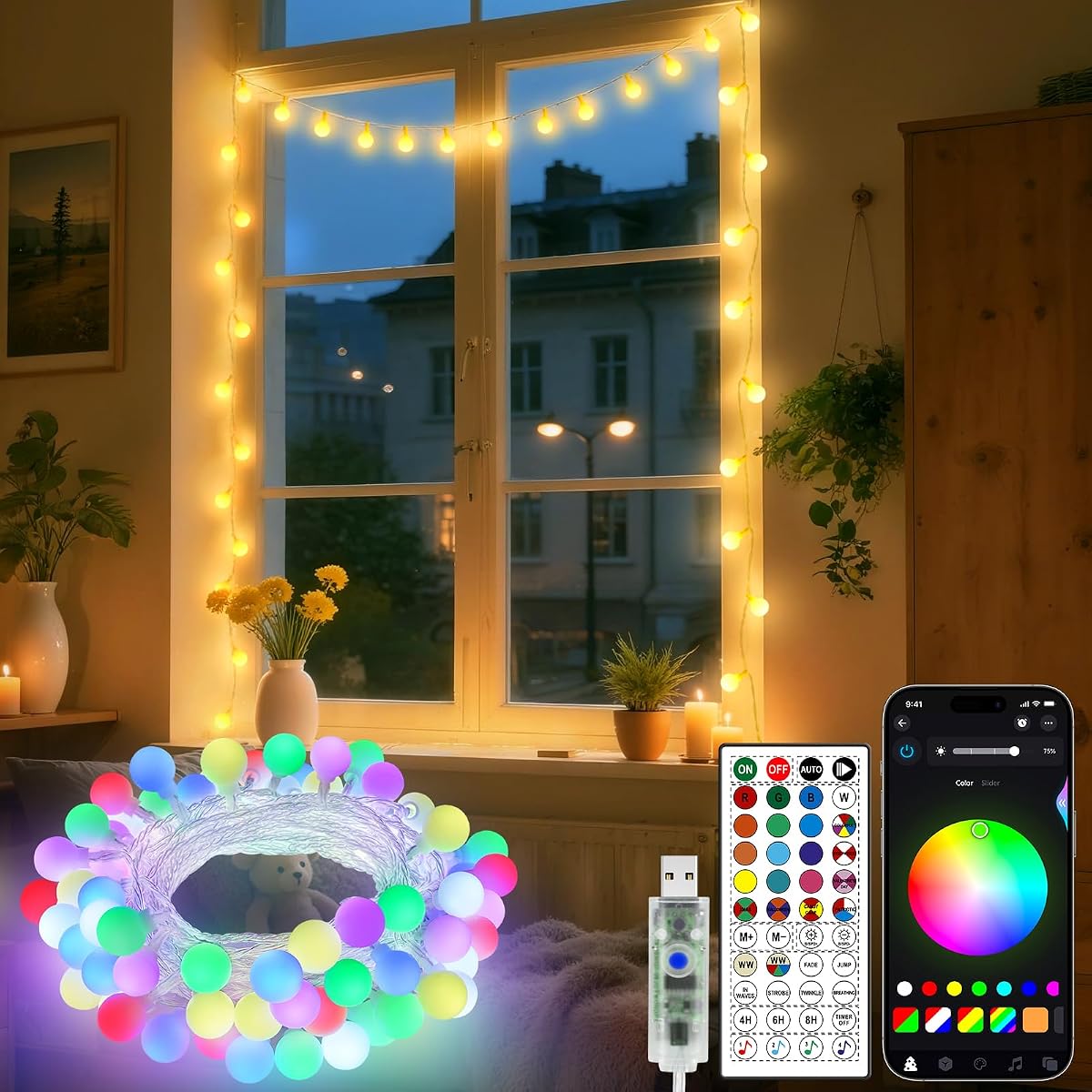 OMIKA 33FT 60 LED Color Changing Globe String Lights, Warm White & Multicolor