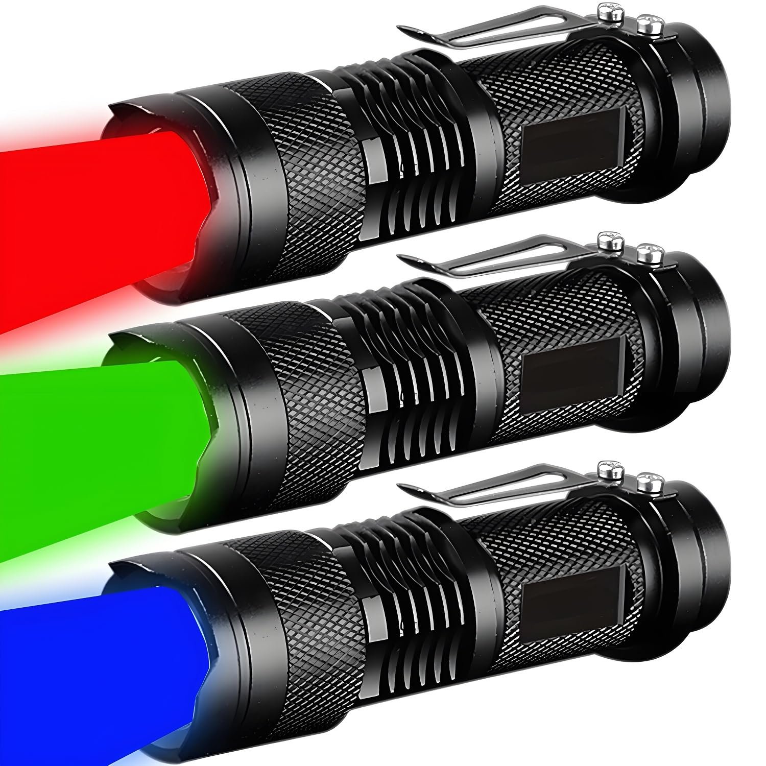 3 Pack Red Green Blue Light Bright Small Flashlights, LED Mini Flashlight High Lumens Pen Light with 3 Modes, Zoomable Torch with Clip, Flashlight for Camping,Outdoor,Emergency