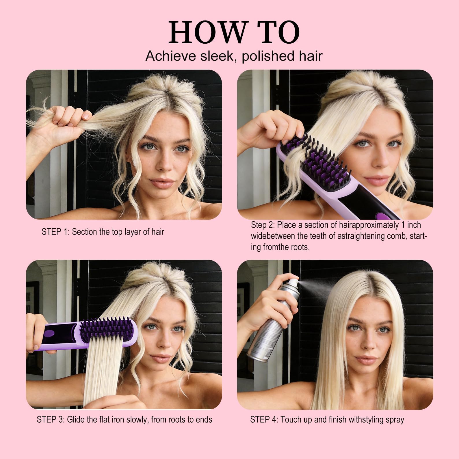 Go Brush Pro 2026, Portable Straightener Brushs for Travel, with LCD Temperature Display, Fast Heating Cordless Mini Hair Brushs (Pink) — view 6