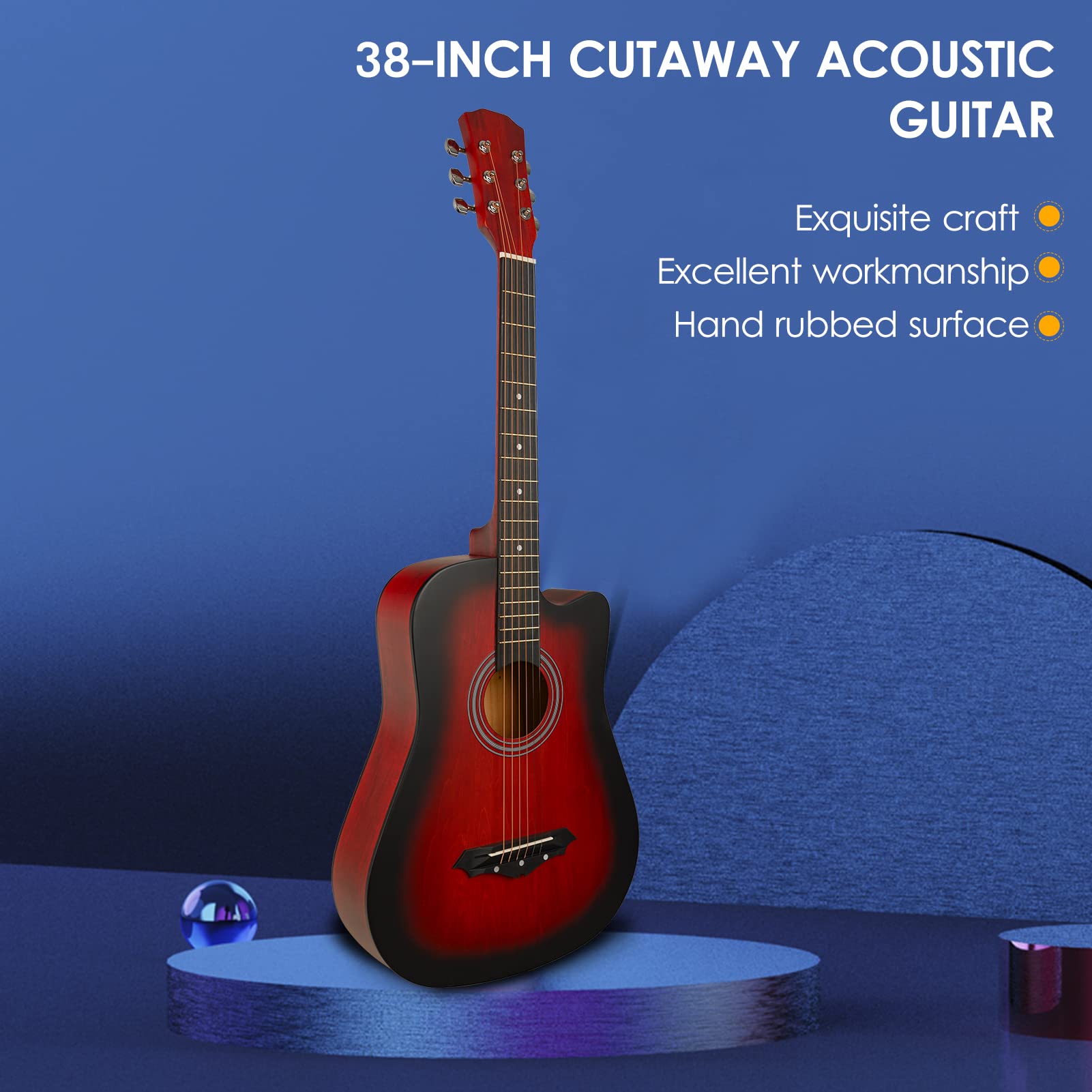 Gitara akustyczna, HUIOP gitara akustyczna w przekroju gitara ludowa 38 cali, ręcznie tarte drewno lipowe z celuloidowym podkładem, uchwyt na kostkę, deska ochronna, pasek, tuner, kapodastra