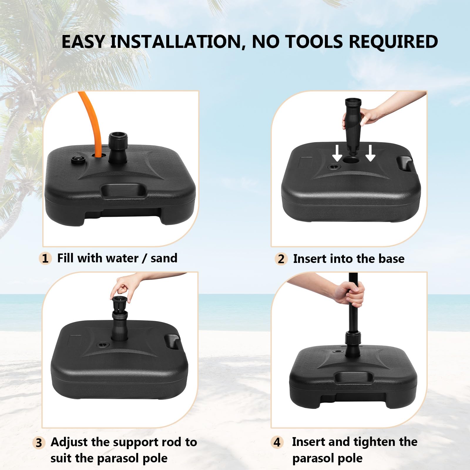 WOLTU Pied de Parasol 19 L à Remplir d'eau ou de Sable, Base pour Parasol avec 2 Douilles d'Insertion Ø 32-38 mm, Support de Parasol en HDPE, en Forme Carrée, Noir