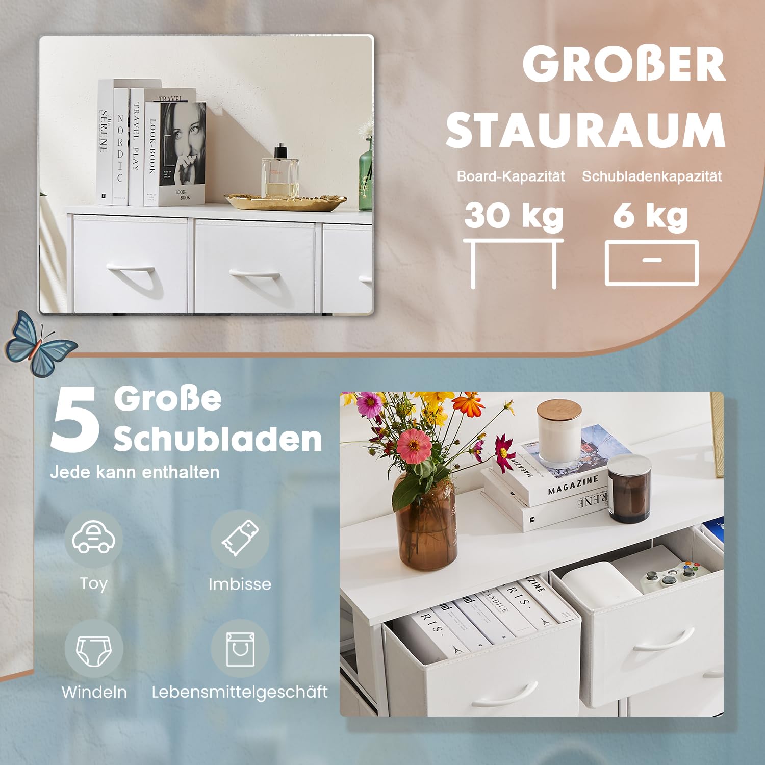 DUMOS Kommode mit Schubladen - Kommoden & Sideboards für Schlafzimmer Geeignet, Komodenschrank mit 5 Schubladen, Stoffkommode mit Stabilem Stahlrahmen, Ideal für Schlafzimmer, Wohnzimmer (Weiß)