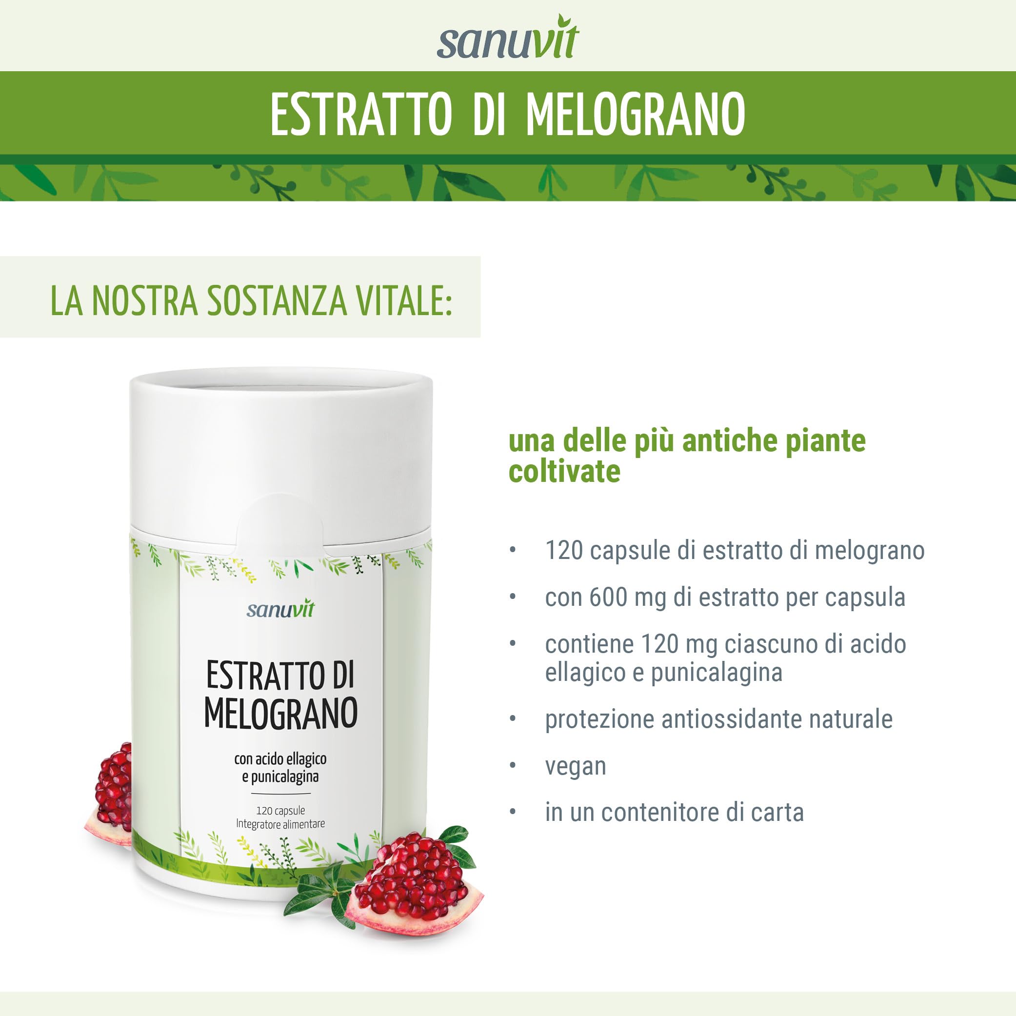 Sanuvit® - Estratto di melograno 600 mg | 120 capsule | 120 mg di acido ellagico e 120 mg di punicalagina | Protezione attiva delle cellule | Antiossidanti altamente concentrati | Vegan
