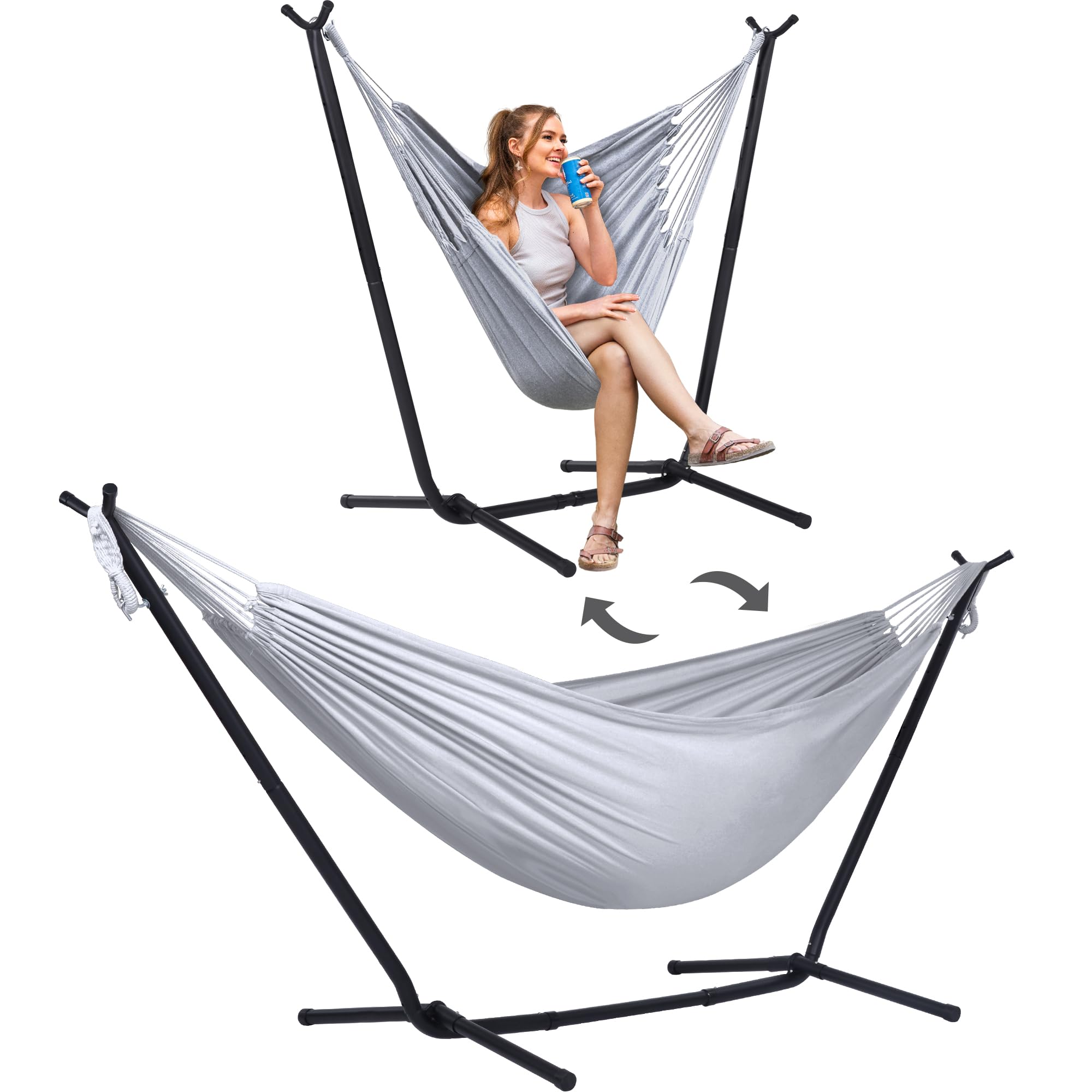 SUNCREAT 2-in-1 Convertible Extra Large Hammocks with Stand, Light Gray