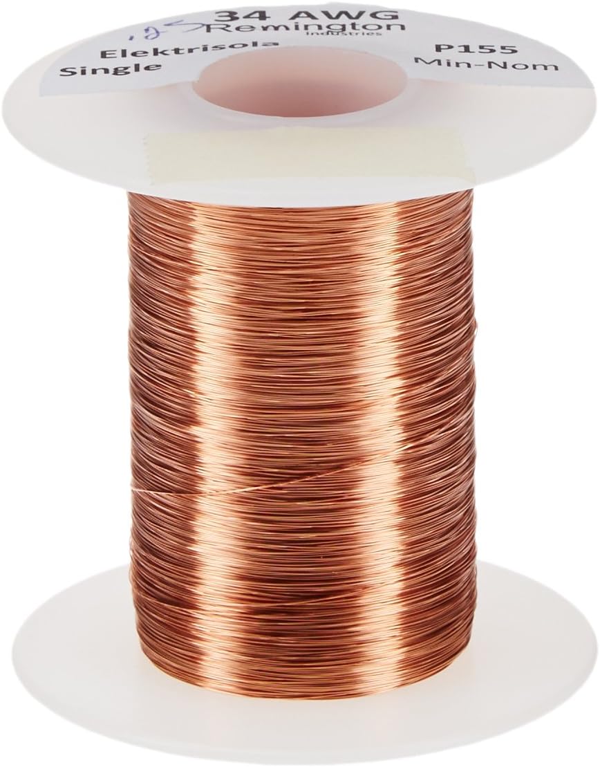 Magnet Wire, Enameled Copper Wire, 34 AWG, 4 oz, 2022' Length, 0.0069" Diameter, Natural