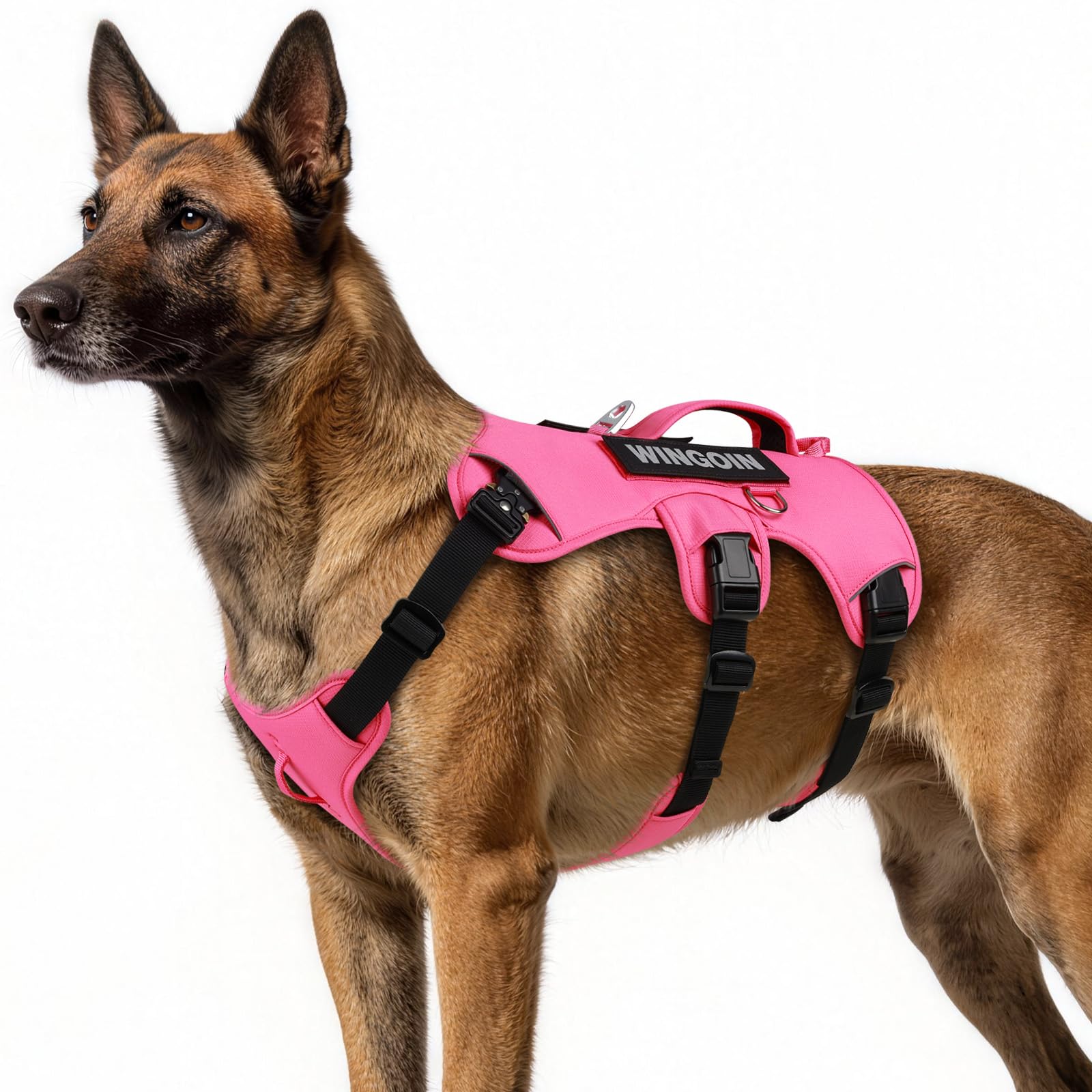 WINGOIN Escape Proof Dog Harness, No Pull Harness for Large Dogs, Reflective Adjustable Front Clip Pet Harness with Handle, Leash Clip, Metal Buckle, Heavy Duty Dog Vest for Walking Hiking, Pink (L)