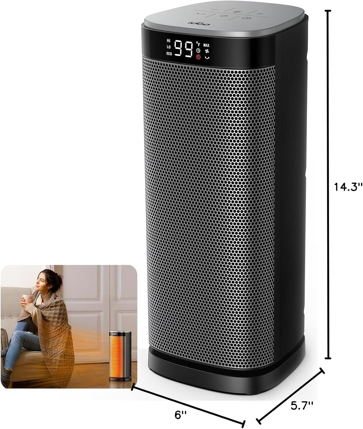 iDOO Space Heater with detailed dimensions: 6 inches deep, 5.7 inches wide, and 14.3 inches high.