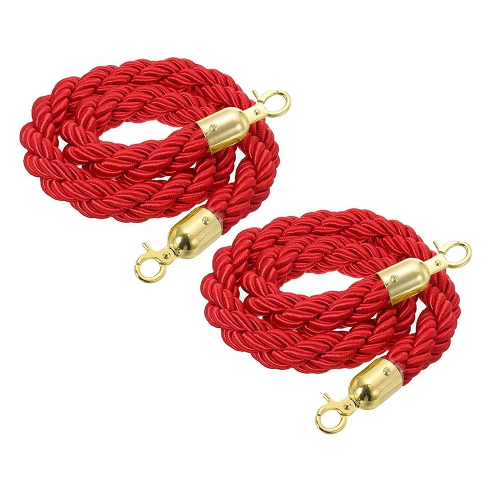2 Pack Braided Stanchion Rope with Polished Gold Hooks - Crowd Control Barrier for Events, Theaters, and Hotels(Red,4.9ft/150cm)
