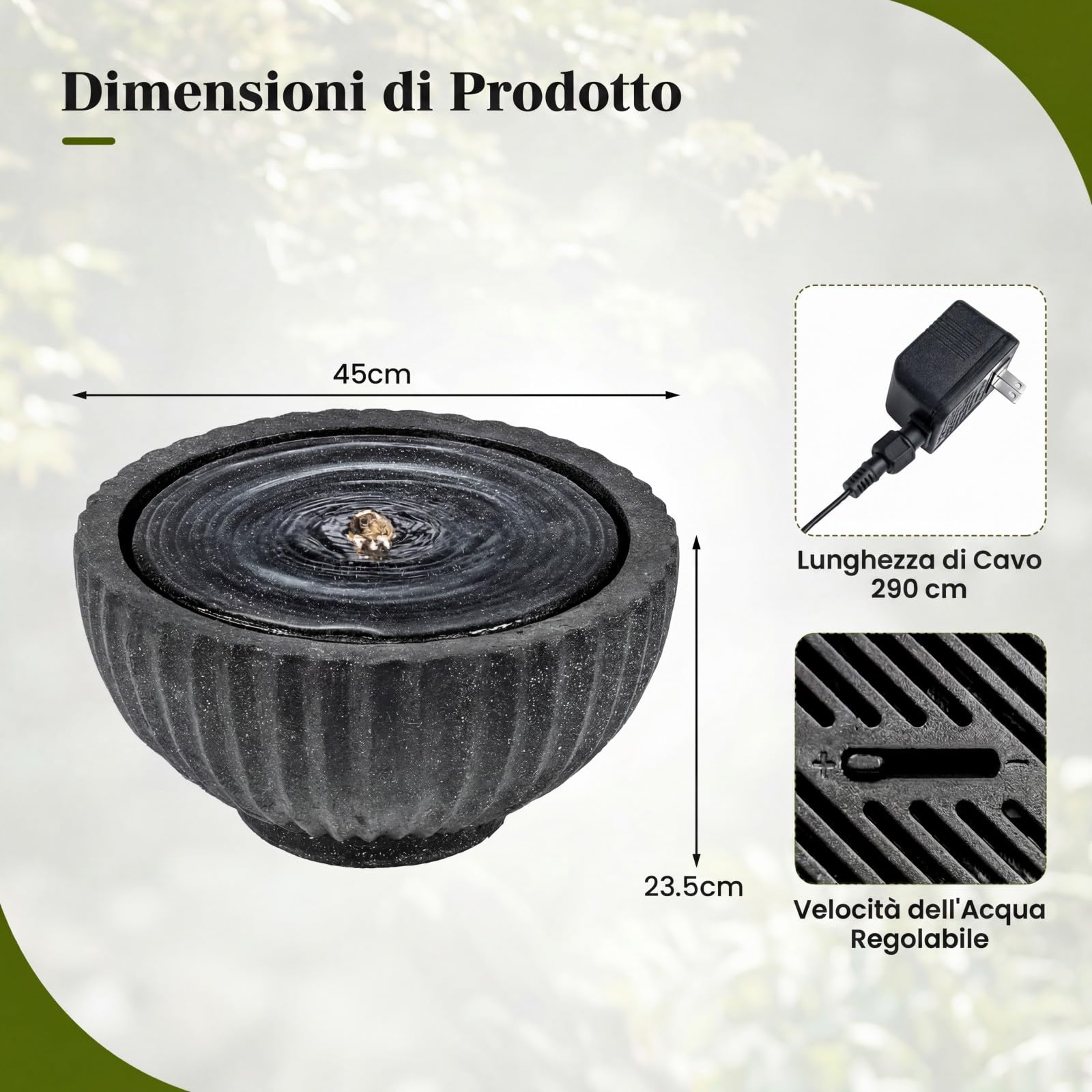 COSTWAY Fontana da Giardino, Fontanella Elettrica da Interno ed Esterno con Luci e Flusso d'Acqua Regolabile, Fontana a Forma di Ciotola con Effetto di Pietra da Terrazza e Balcone