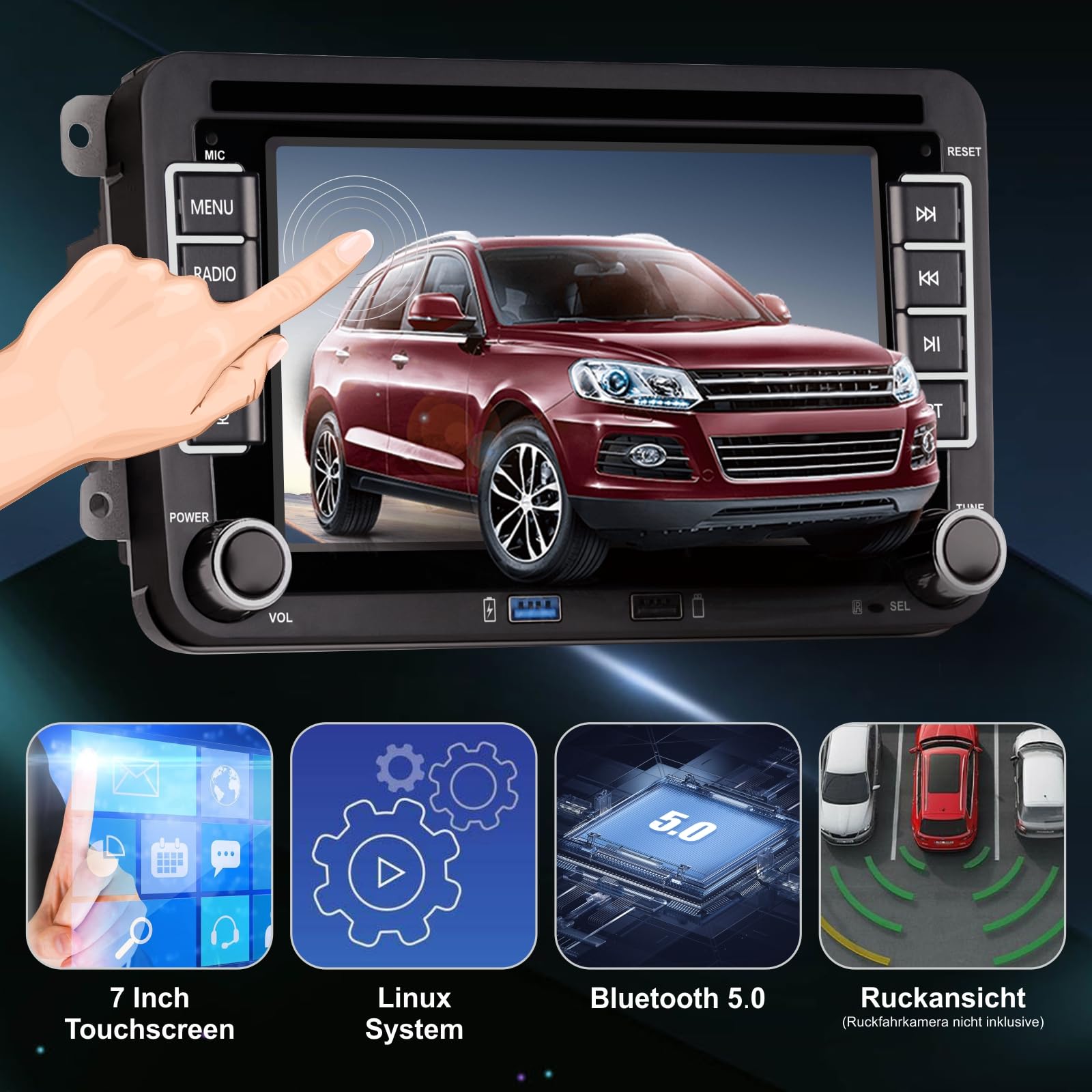 Linux Autoradio Mit Bildschirm für Golf 5 6 VW Polo 6R T5 Passat Touran Seat mit Navi FM/AM, WLAN, Apple Carplay, Android Auto, Lenkrad Strg, DAB AutoTouch Display 7 Zoll