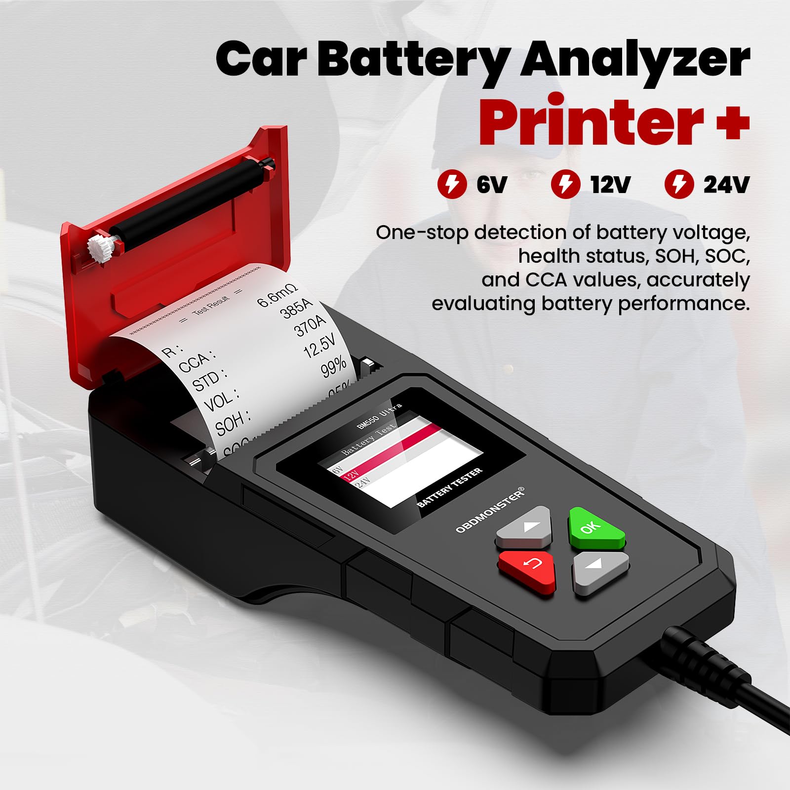 OBDMONSTER BM550U Accutester voor auto, 6 V/12 V/24 V, professioneel, 100-2000 CCA accutester met printer, voor auto's, vrachtwagens, SUV's, ATV, boten, motorfietsen, voertuigen