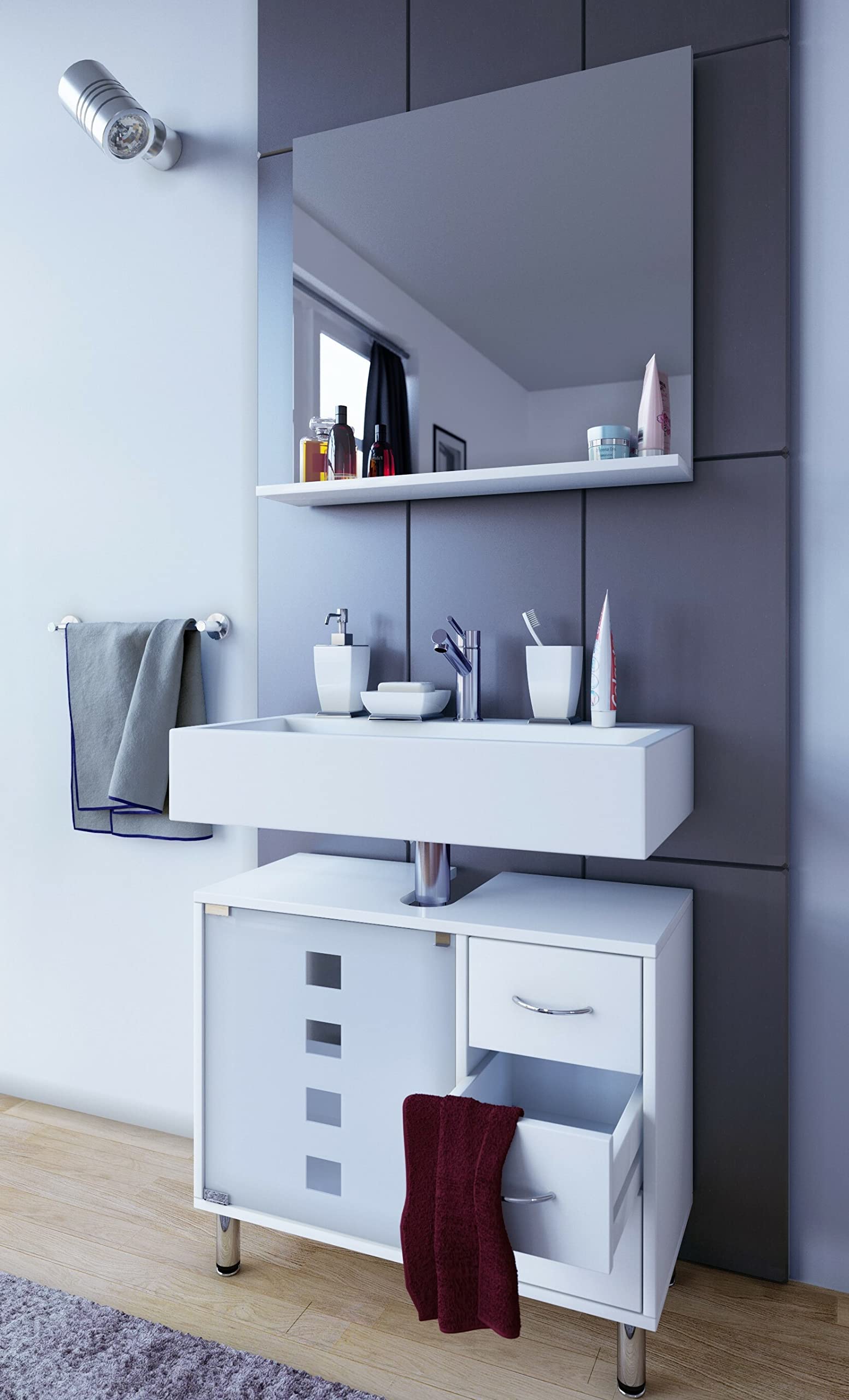 VCM Holz Waschbeckenunterschrank | Badschrank | Maße: H. 58 x B. 67 x T. 30 cm | 1 ESG-Sicherheitsglastür | 3 Schubladen | modernes Badezimmermöbel - Darola