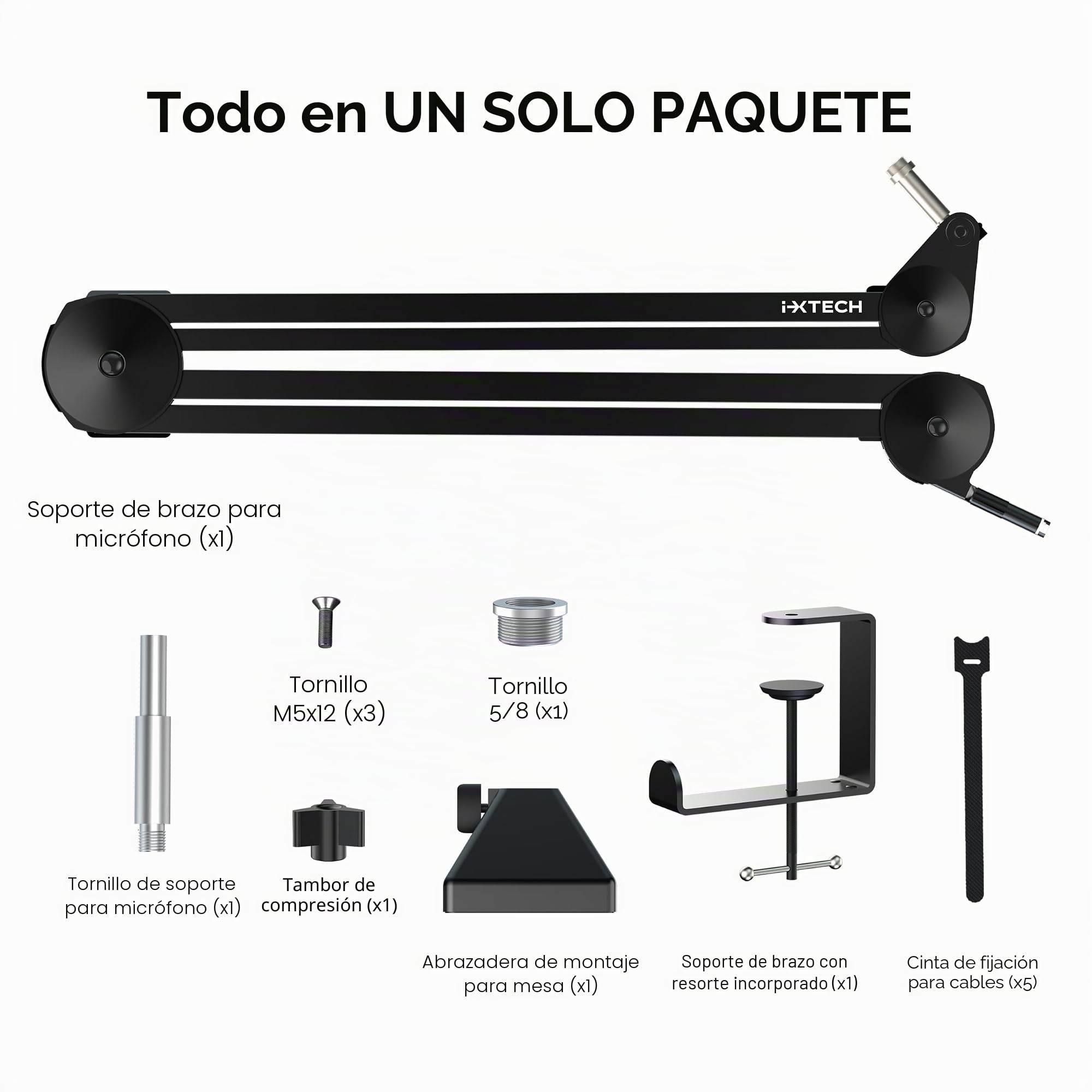 IXTECH Soporte de Brazo para Micrófono, Ajustable y Resistente con Bridas para Cables, Montaje en Escritorio para Juegos, Transmisión, Podcasting (Grande)