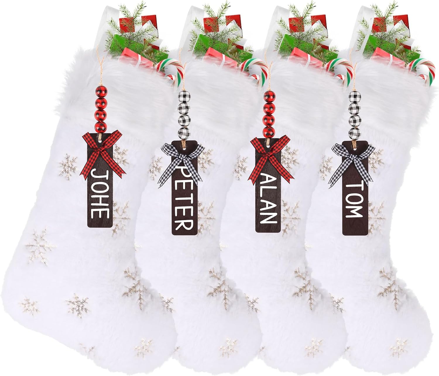 CCINEE 4PCS White Christmas Stockings with Wooden Name Tags,18 Inch Large Plush Personalized Xmas Stocking Glitter Snowflake Hanging Stocking for Christmas Tree Wall Fireplace Home Decoration