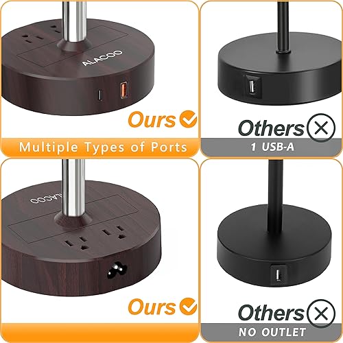 Miniatura 6 de Lámpara pequeña de mesita de noche para dormitorio, lámpara táctil regulable de 3 vías con estación de carga USB y salida de CA, base de madera