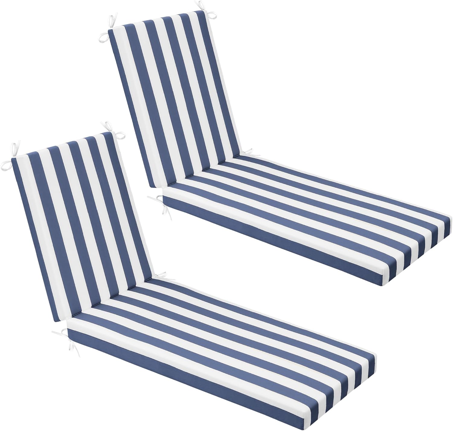 YEFU Chaise Lounge Cushions Outdoor: 72 x 21 x 3 Inch Waterproof Fade-Resistant Lounge Chair Cushion Set of 2 for Outdoor Furniture - Pool Lounger Pads with Ties for Patio(Navy Cabana Stripe)