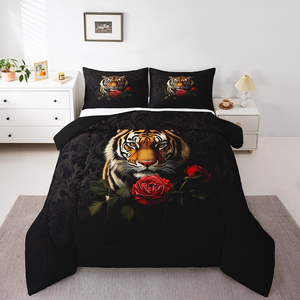 Erosebridal Yellow Tiger Comforter Sets Jungle Wild Animal Beddig Set for Kids Adults,Red Rose Flower Soft Down Comforter King Floral Wildlife Black Quilt Set for Bedroom Decor