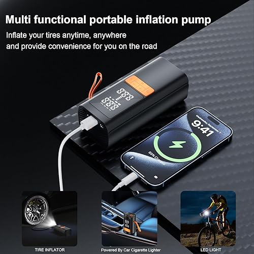 Miniatura 6 de Compresor de aire portátil para inflador de neumáticos, compresor de aire de 150 PSI con medidor de presión de neumáticos, 15000 mAh y bomba de aire