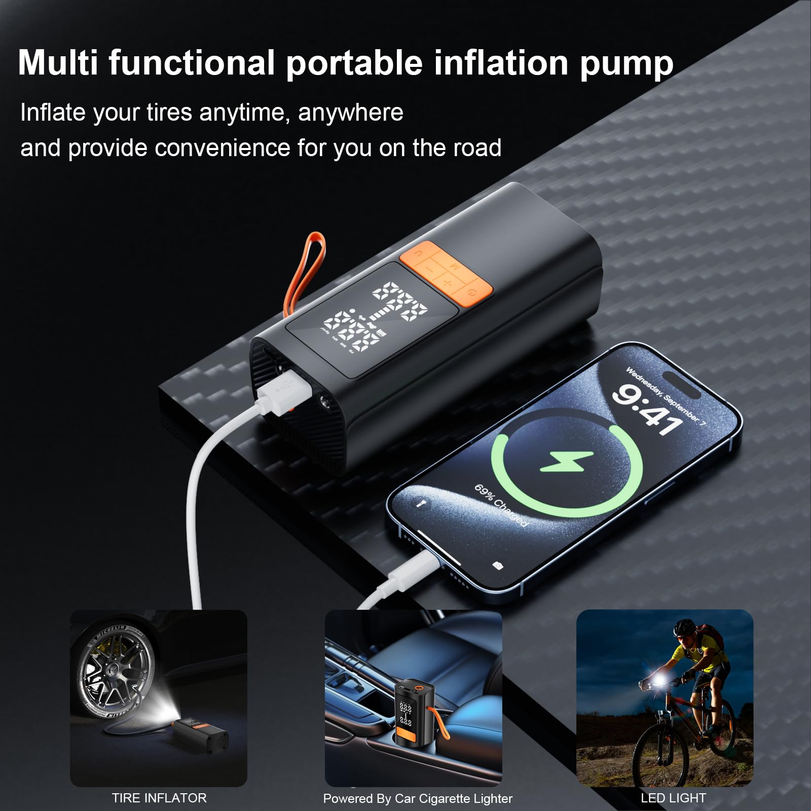 Tire Inflator Portable Air Compressor - 150PSI Air Compressor with Tire Pressure Gauge 15000mAh 3X Faster Portable Air — view 6