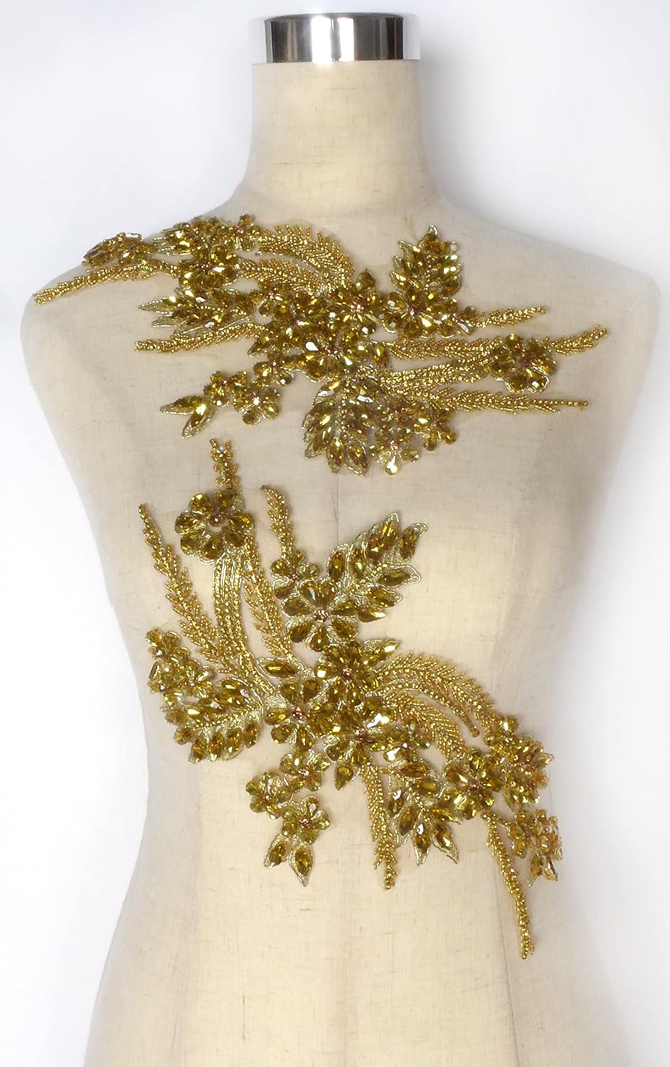 Hand-Made Beaded Rhinestons DIY Clothing Appliques Patch,Beaded Applique for Wedding Dress Decoration,Rose Gold/Pink/Silver/Red/Black Flower Applique by Pair (Gold-B)