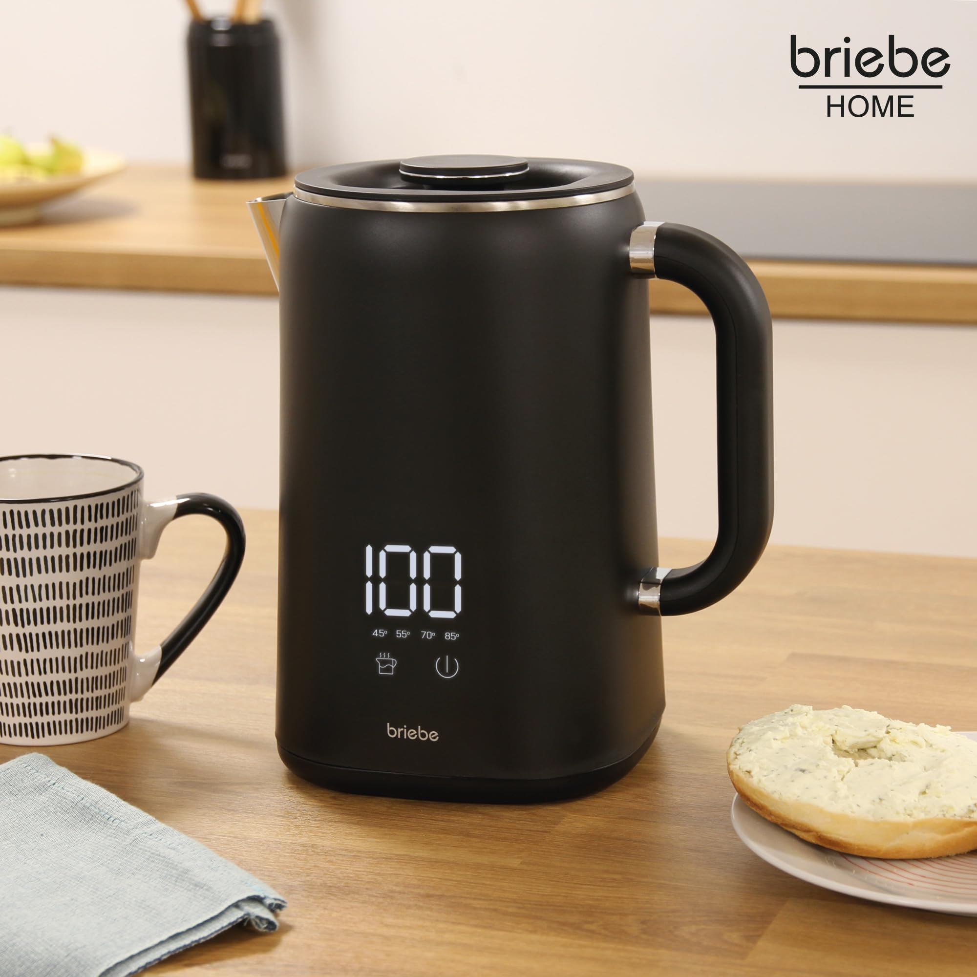 briebe eBoil Hervidor Agua Eléctrico 1,7L Regulador de Temperatura Digital 45°C a 100°C Función Keep Warm, 1500W, Interior Acero Inox, Libre de BPA, Base de 360°, Controlador Strix, Negro