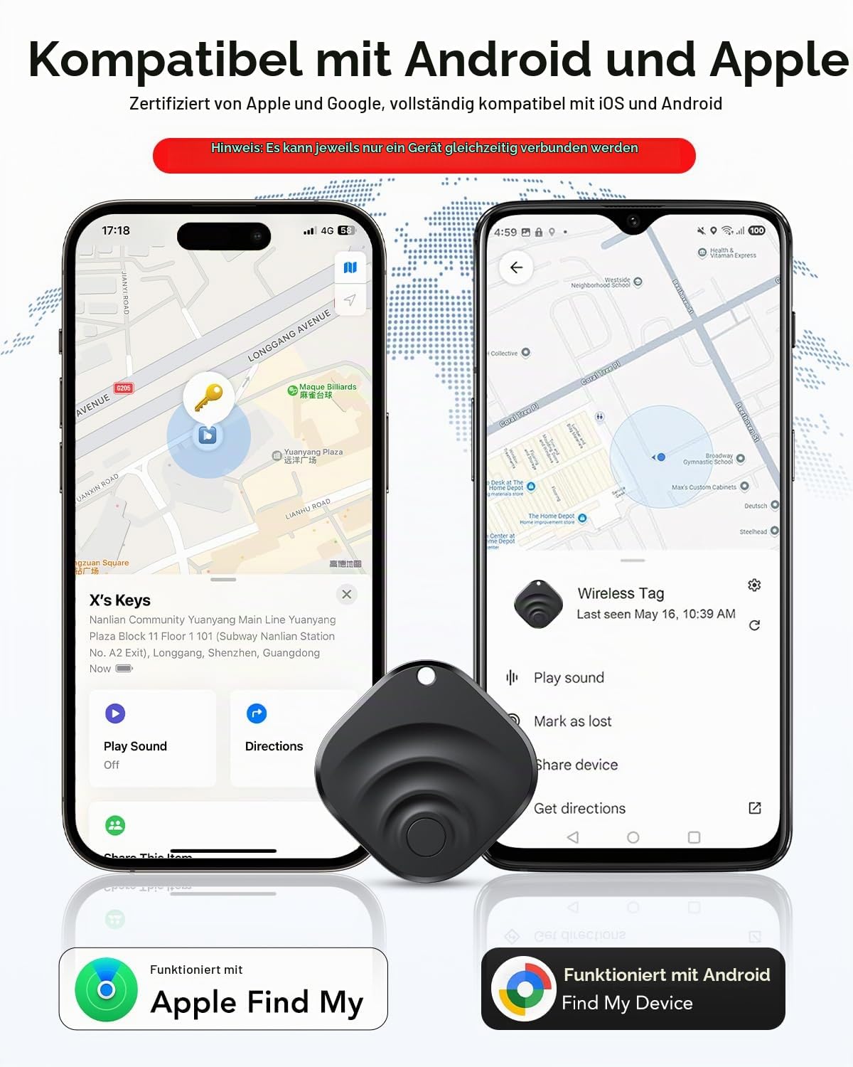 TIMU 4er Pack Dual-System GPS Tracker Android & iOS, Schlüsselfinder kompatibel mit Google Find Hub und Apple Find My, Air Tracker Smart Tag für Schlüssel/Gepäck/Koffer/Taschen (4 Schwarz)
