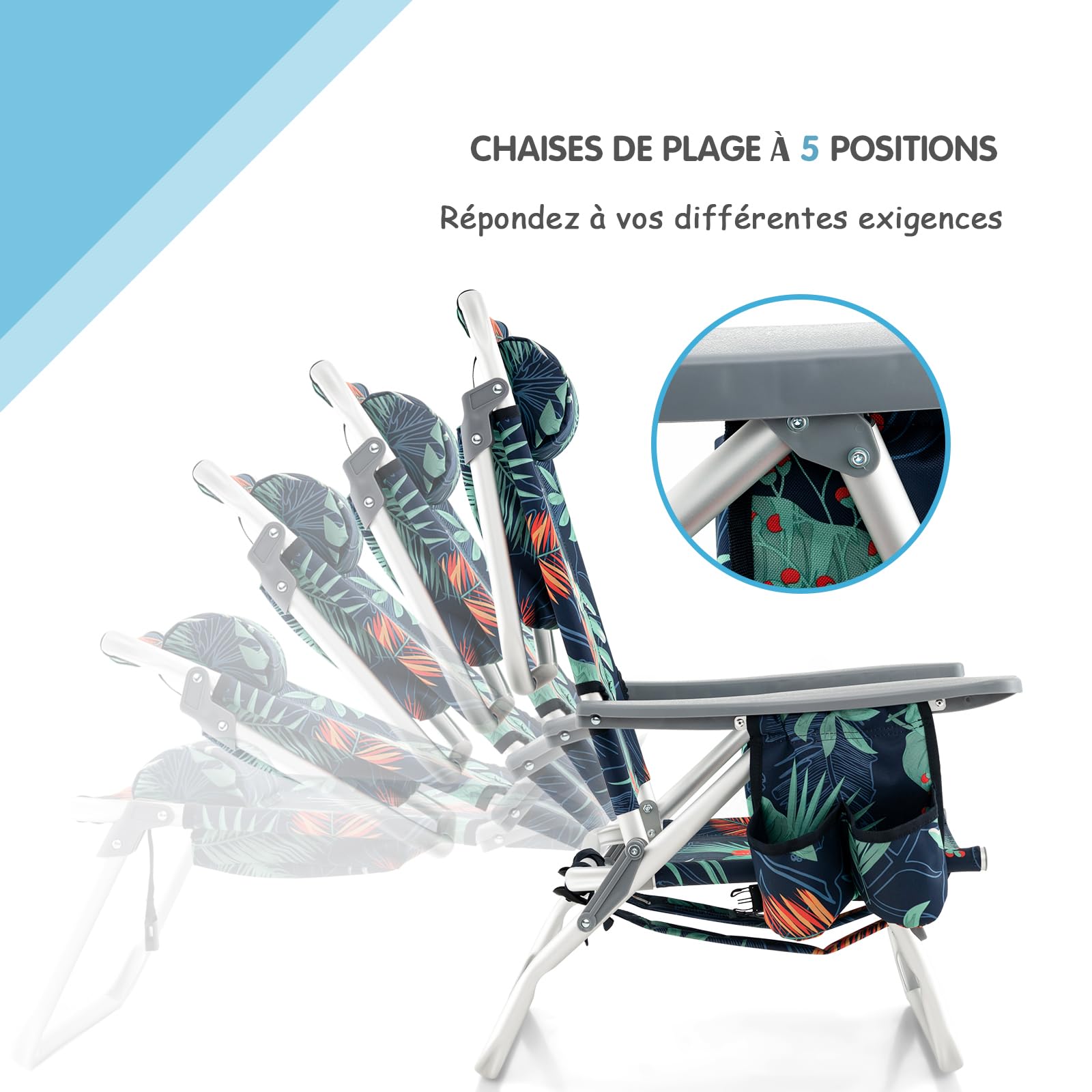 COSTWAY Lot de 2 Chaises de Plage Pliante avec Table Enroulable en Aluminium, Fauteuil de Jardin Inclinables à 5 Positions Charge Max 136 KG, pour Randonnée Plage Pêche (Floral)
