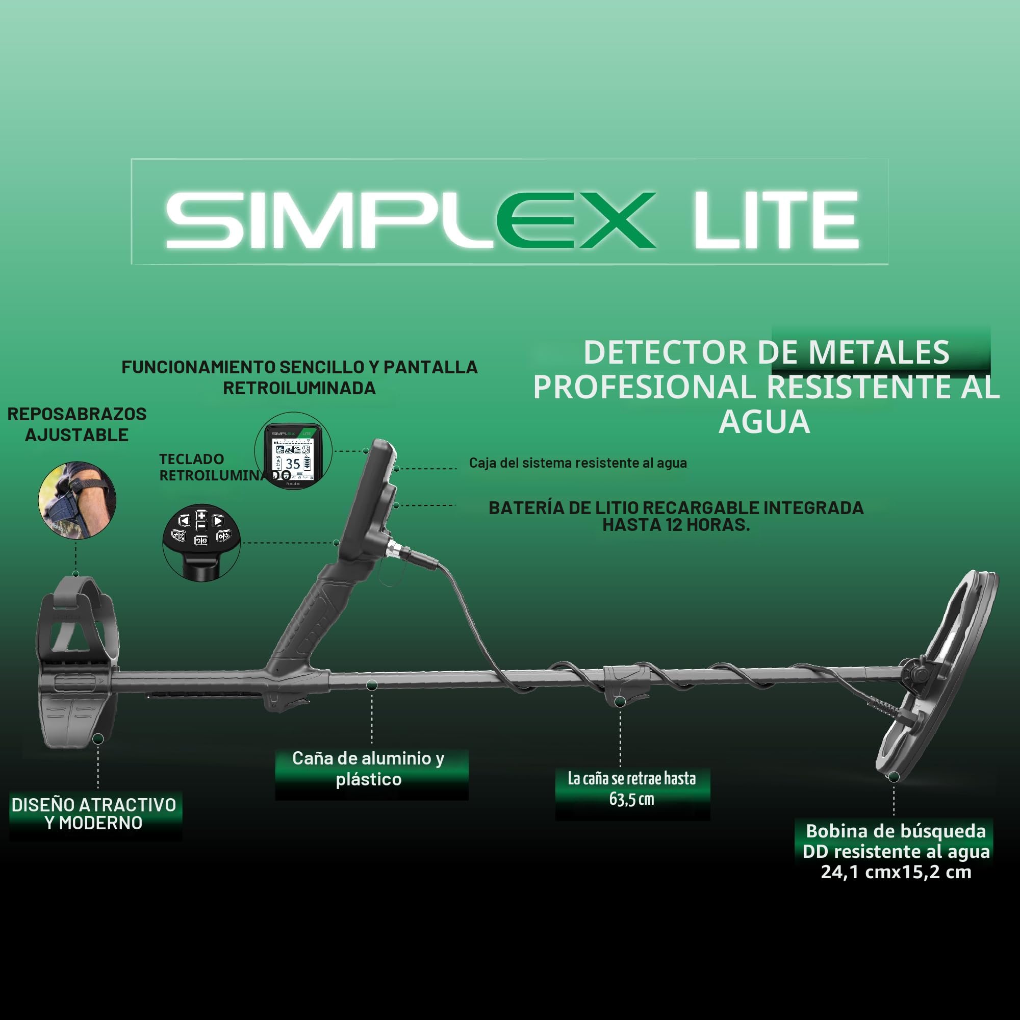 Nokta Simplex Lite - Detector de metales con bobina de búsqueda DD impermeable de 24 cm, vibración para detectar bajo el agua, playa y todos los modos de búsqueda de metales