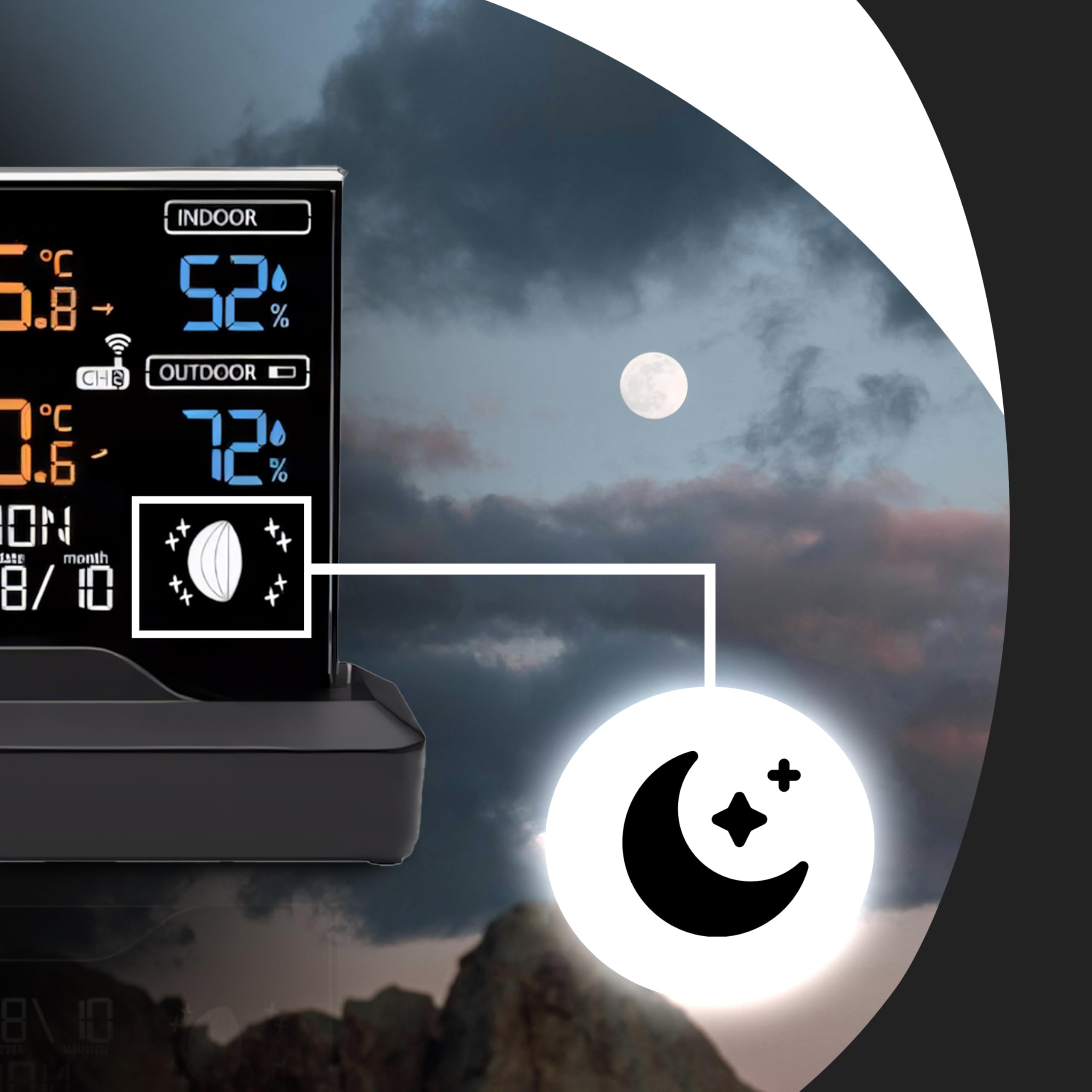 Retoo Stazione Meteo Wireless con Sensore Esterno, Termometro Igrometro Barometro, Display LCD, Previsioni, Fasi Lunari, Orologio Radiocontrollato, Sveglia, Nero