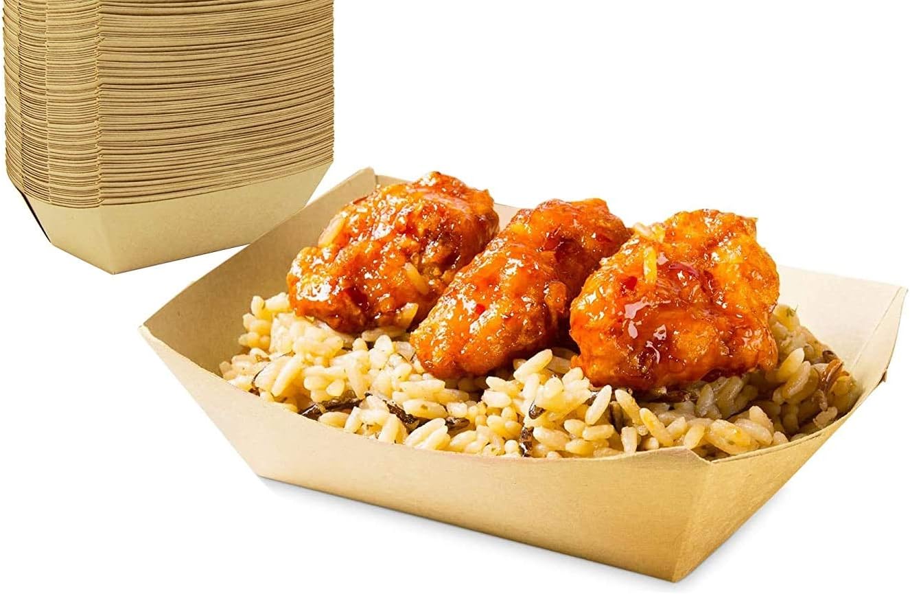Extra Large Paper Food Boats, Kraft Brown Paper Food Trays. Extra Large (3 LB). 100 Pack, Disposable, Recyclable Serving Boats. for Condiments, Snacks & Concession Food, 8.1X5.8X2.1 Inches