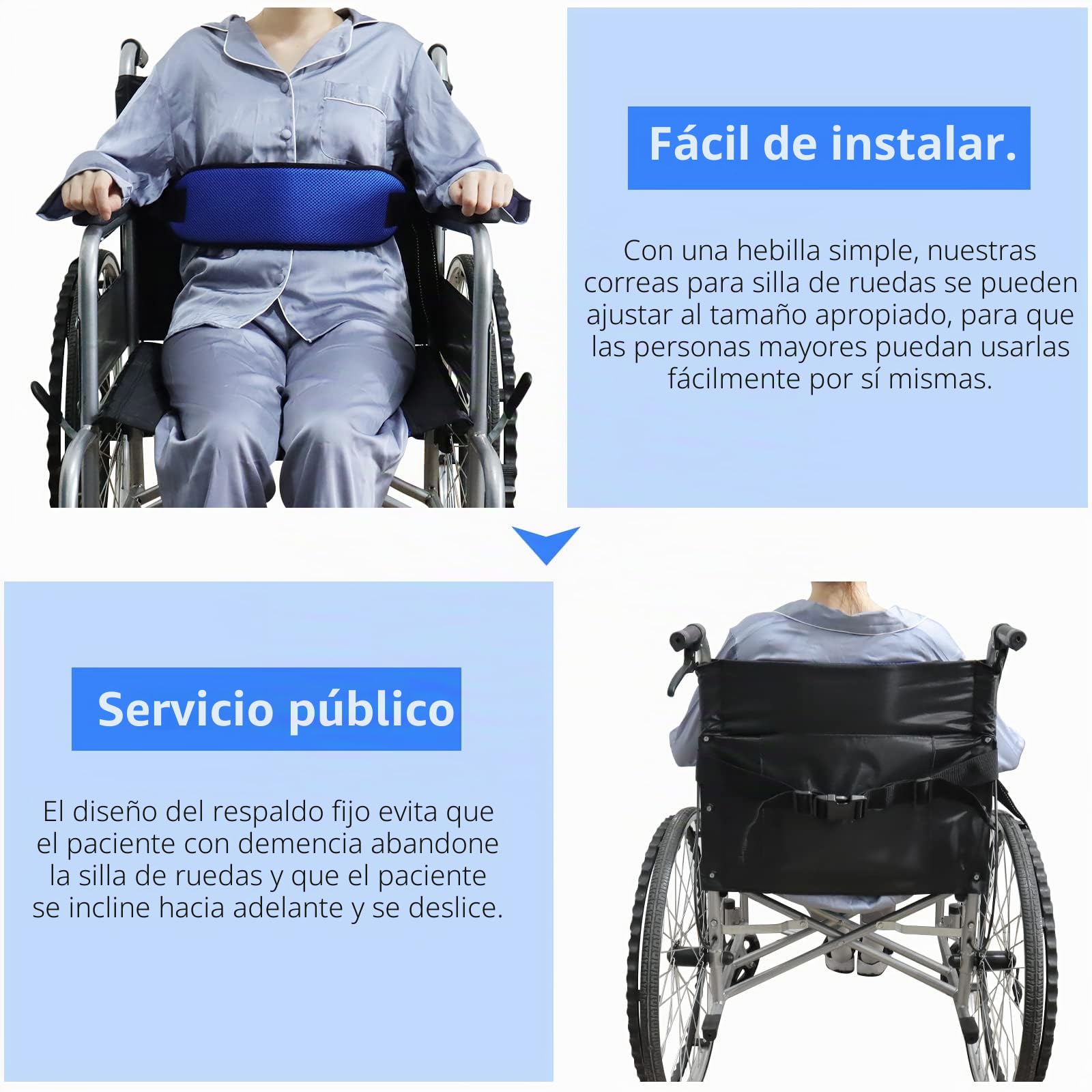 LOSCHEN Cinturón de seguridad para silla de ruedas, antideslizante, silla gruesa, área abdominal, ajustable, antideslizante, con hebilla para personas mayores, personas mayores (azul)
