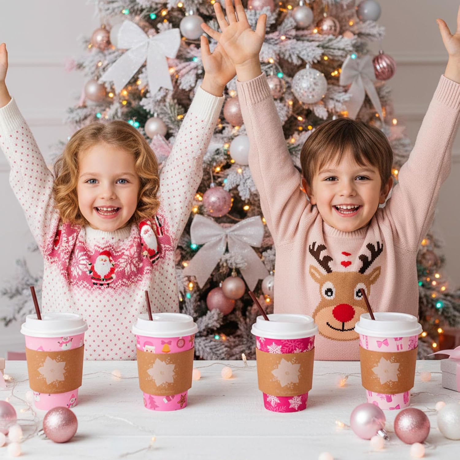 Lallisa 100 Sets Pink Christmas Disposable Coffee Paper Cups Bulk with Lids Sleeves & Straws, 12 oz Xmas Snowman Snowflake Coffee Cups for Hot Cold Cocoa Tea Holiday Party Supplies