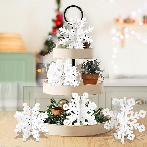 Miniatura 60 de OuMuaMua Juego de 6 decoraciones de mesa de Navidad con copos de nieve – 12 piezas de madera blanca 3D decoración de copo de nieve de mesa
