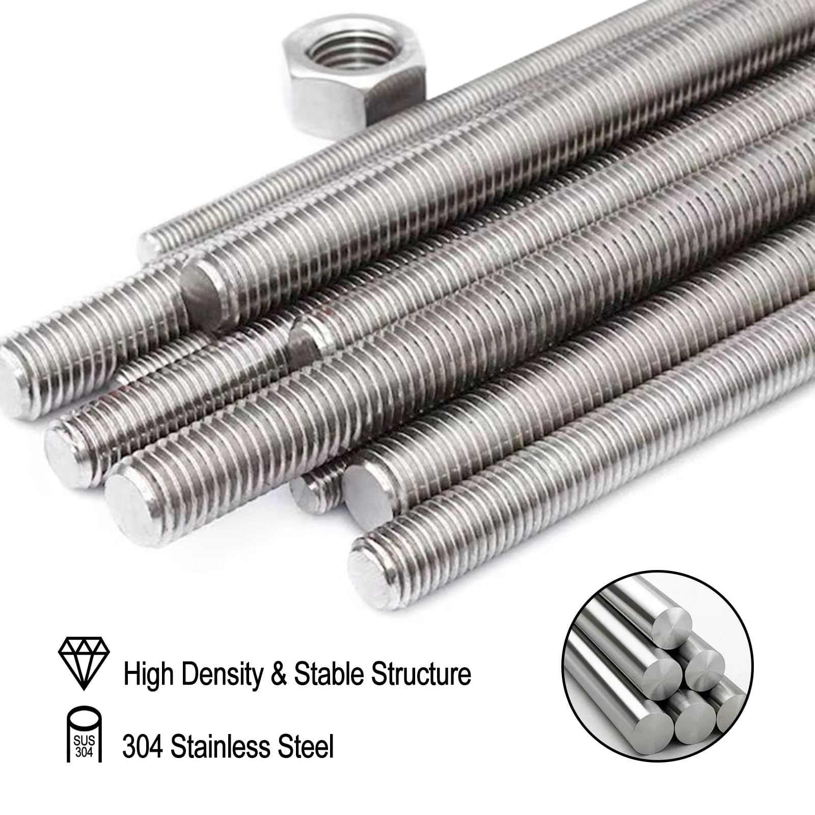 Lot de 4 tiges filetées M6 x 200 mm, avec 8 écrous hexagonaux, en acier inoxydable 304, pour un usage domestique ou industriel
