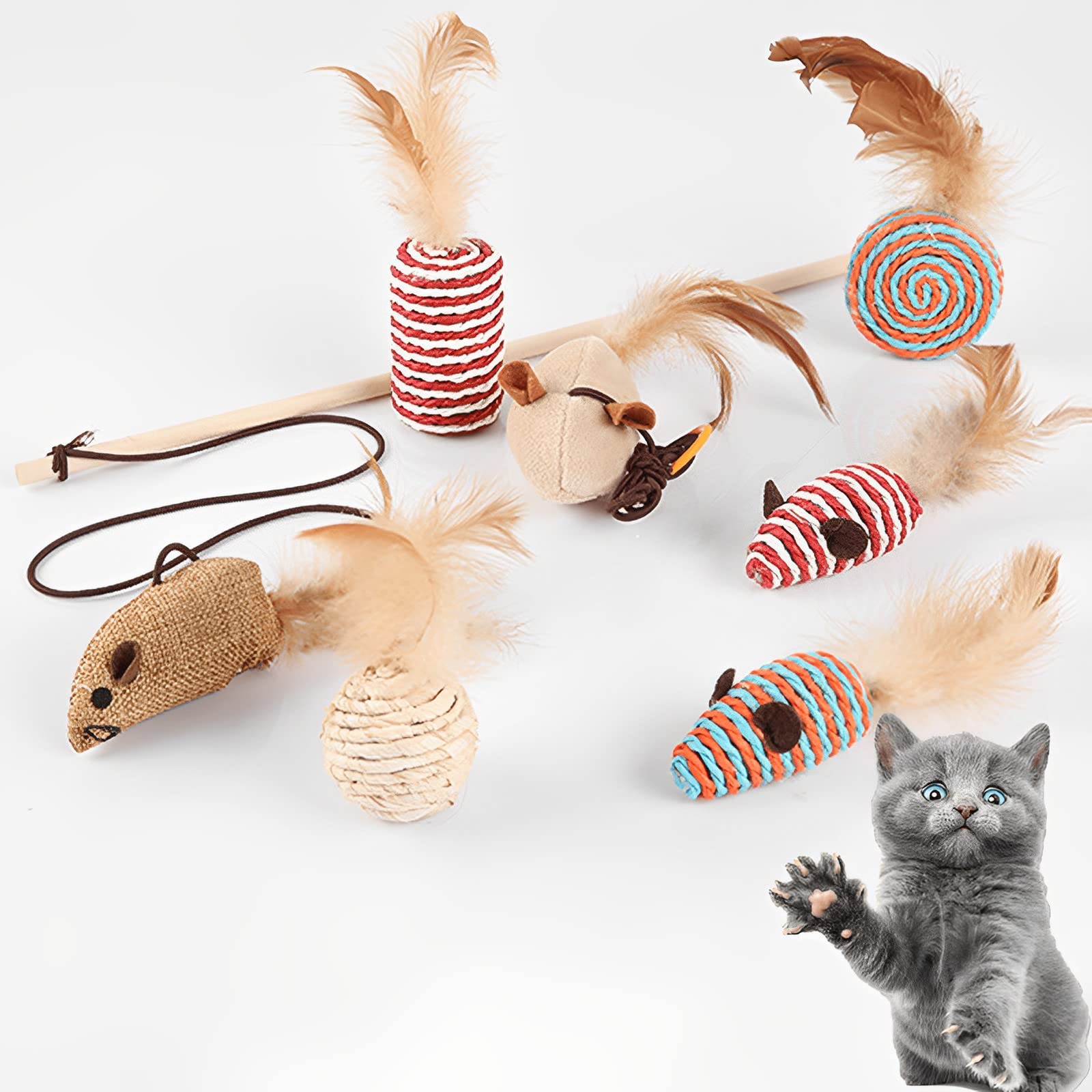 ikeoat7 Pcs Cat Toys Set, ikeoat Cat Interactive Toys for Indoor Cats Wood Teaser Wand With Feathers, Fluffy Mouse Mice Balls and Bells Toys for Cat Puppy Kitty