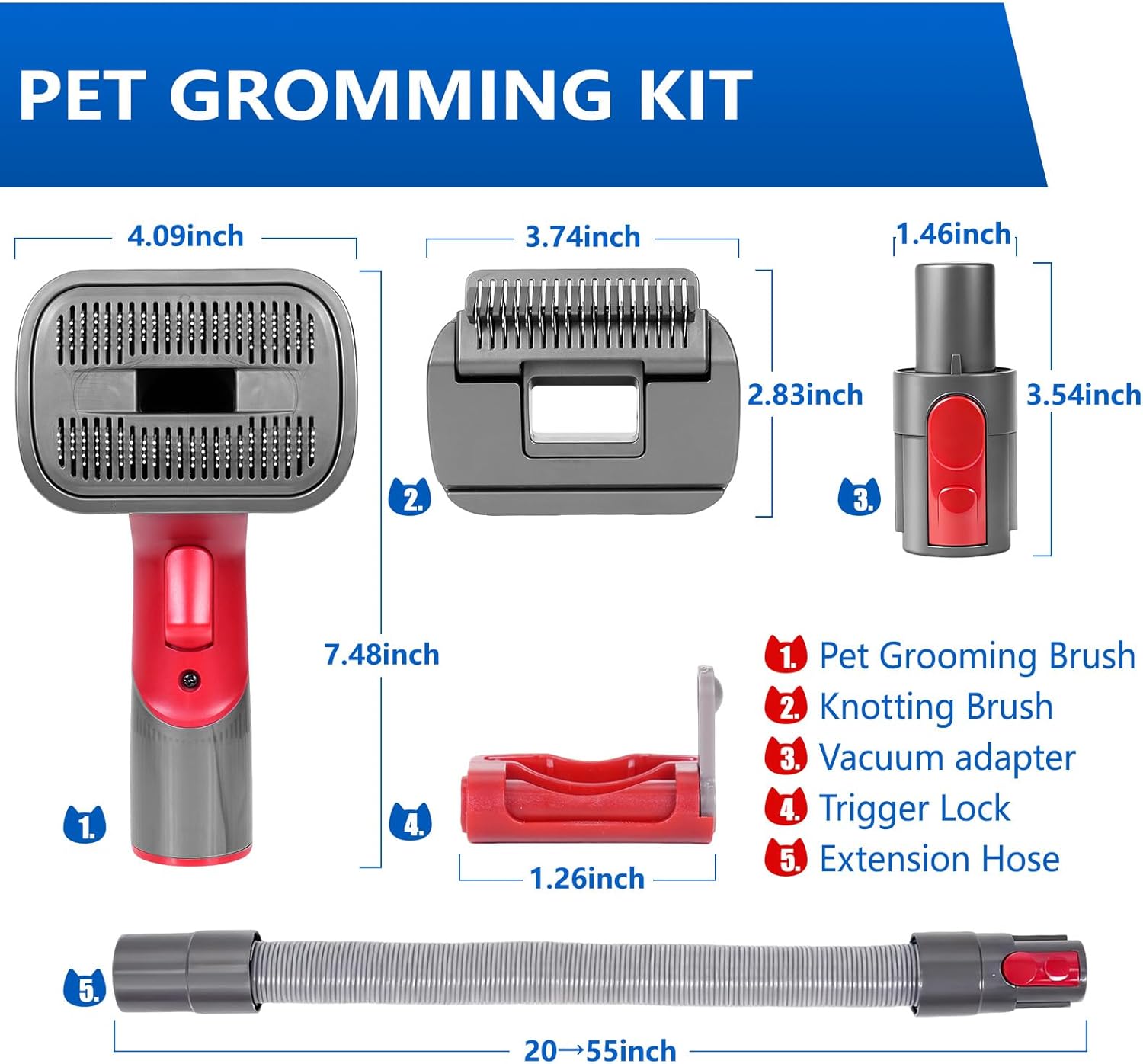 2-in-1 Pet Grooming Kit Compatible with Dyson V7 V8 V10 V11 V15 Vacuum,Dog Hair Vacuum Attachment Removes Loose Hair, Dander, Undercoat & Tangles Self-Cleaning with Extended Vacuum Hose & Trigger Lock