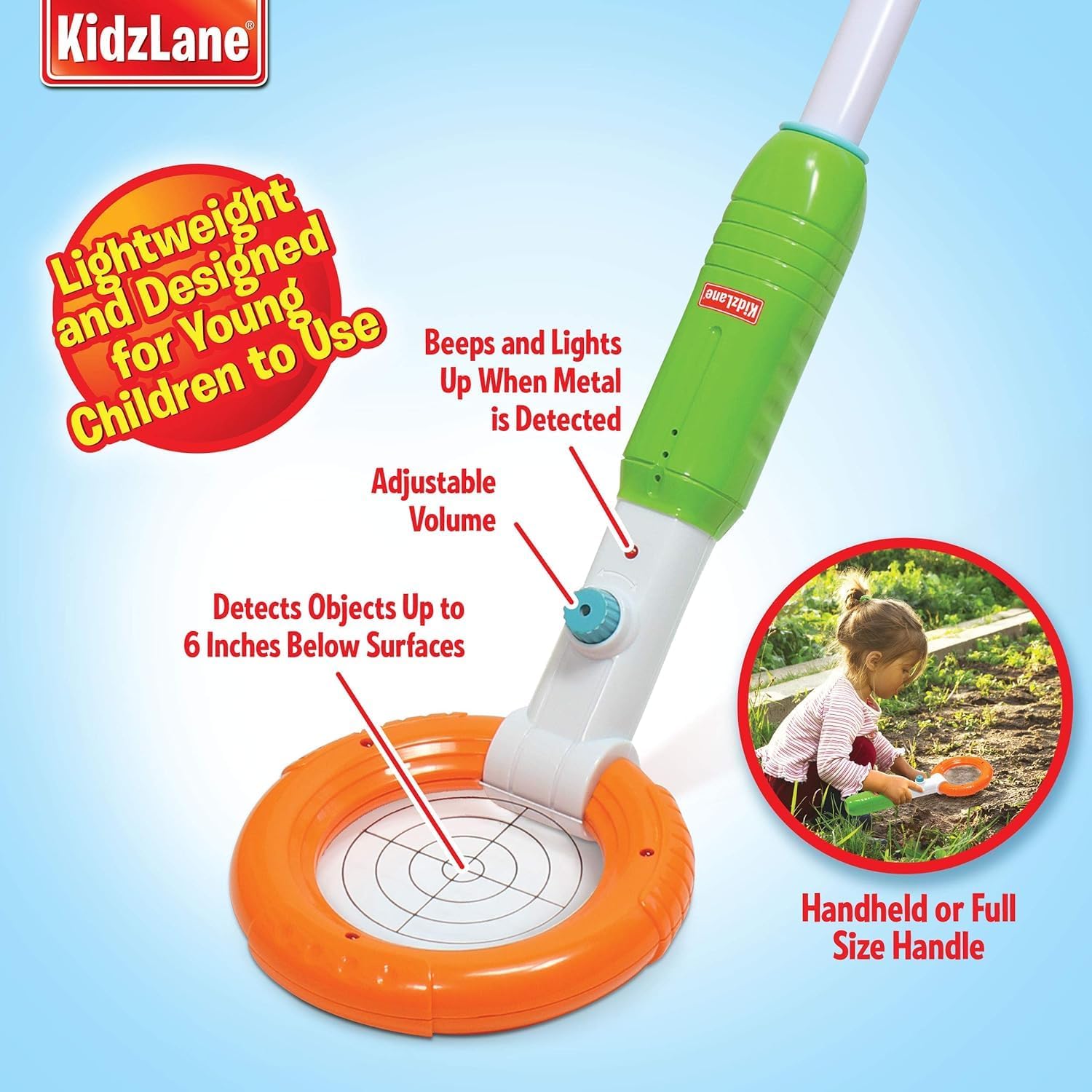 KidzLane Kids Metal Detector Metal Detector Wand (2-in-1) Handheld Metal Detector | Junior Design with Lights and Sounds | Detects Metals, Jewelry, Coins | Beach, Outdoor Use Ages 3 and Older