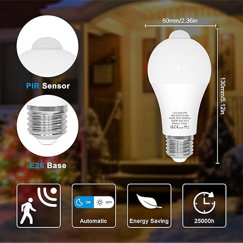 Miniatura 2 de ORALUCE Bombillas con sensor de movimiento para interiores y exteriores, equivalente a 60 vatios, A19 E26 9 W, bombilla LED activada por movimiento,
