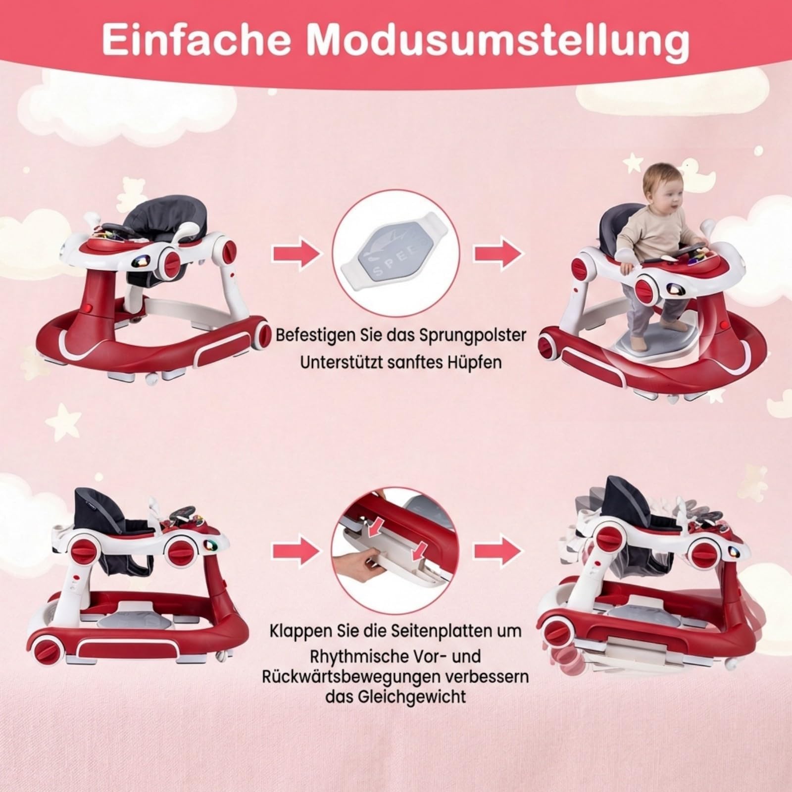FANTASK 7 in 1 Lauflernhilfe mit abnehmbarem Verdeck, Lauflernwagen höhenverstellbar mit Spielboard, Musik, Licht & Rädern, Gehfrei mit einstellbarer Geschwindigkeit für Baby ab 6 Monaten (Weinrot)