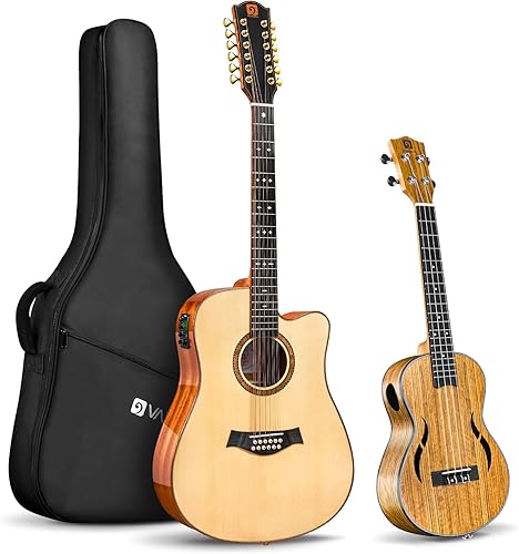 Vangoa Advanced - Juego de guitarra eléctrica acústica de 12 cuerdas con ukelele acústico