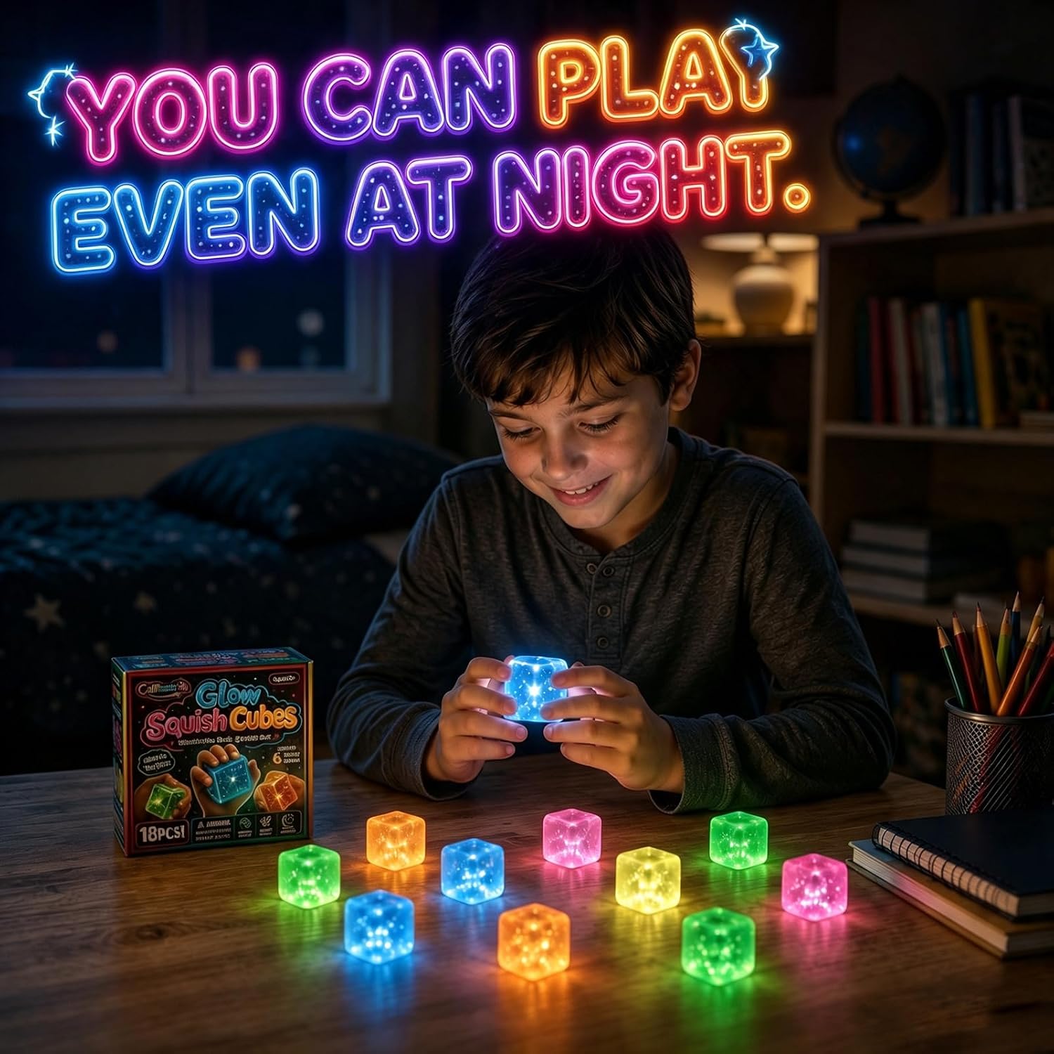 18 Pack Glow in The Dark Glitter Stress Ice Cube 6 Color Squishy Ball Toys | Luminous Sensory Slow Rising Squeeze Fidget Toys for Kids Adults Stress Relief Party Favors Birthday Gifts Classroom Prizes