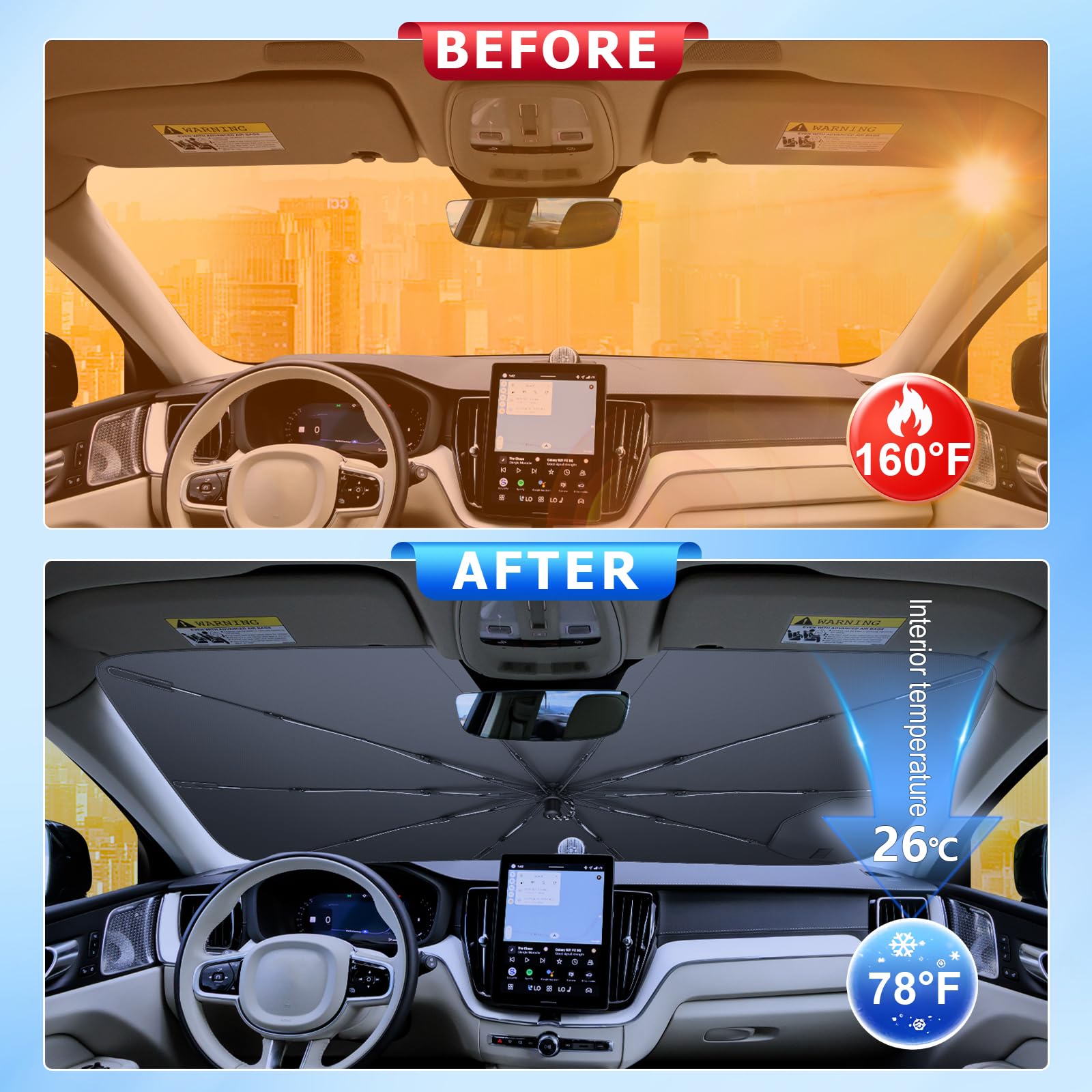 [2026 Upgrade] BSTW Kompatibel mit Volvo XC60 2017-2025 2026 Sonnenschutz für Frontscheibe, Automatisch Faltbar Pull-Cord-Sonnenschirm Fiberglas-Skelett UV-Schutz Hitzeschutz XC60 Zubehör