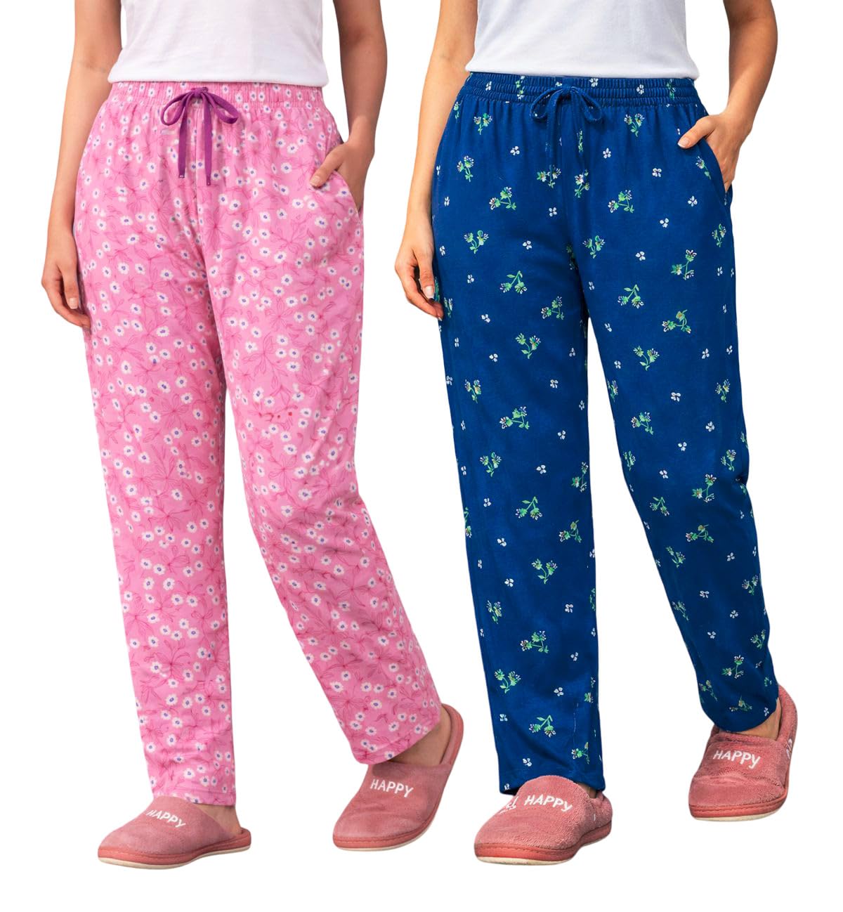 Women’s Printed Cotton Pyjama Pants Pack of 2 | Soft Comfortable Night Wear Pajama Bottoms for Women (PINK-NAVYBLUE, M)-image-38