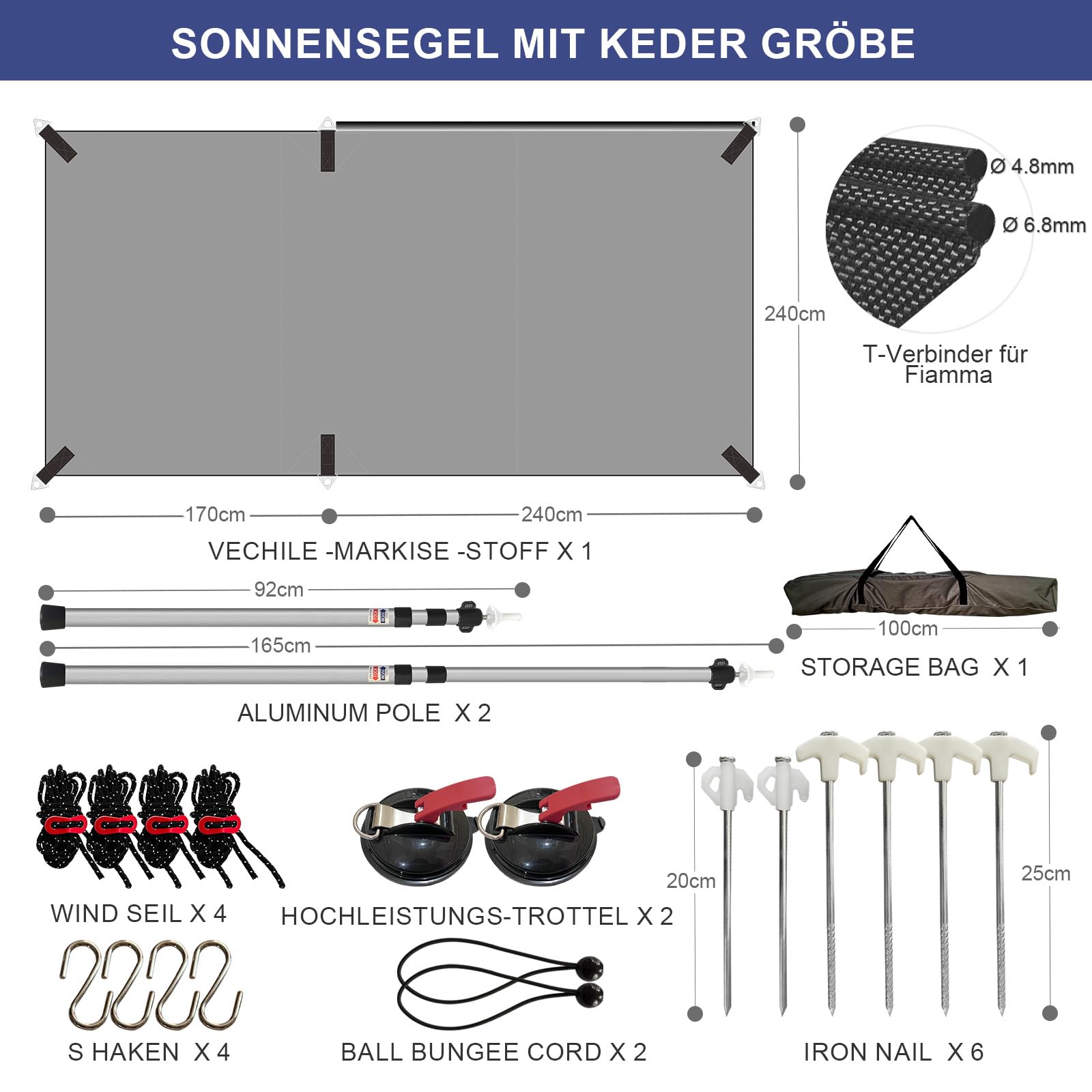 SHADPLUS Auto Markise,Sonnensegel Auto mit Seitenwänden,Sonnensegel Mit Keder,2 Keder mit Ø 4.8& 6.8mm，Wasserdicht Auto Vorzelt geeignet für SUV, Van und Kleiner Wohnwagen, Keder oder Saugnapf Montage
