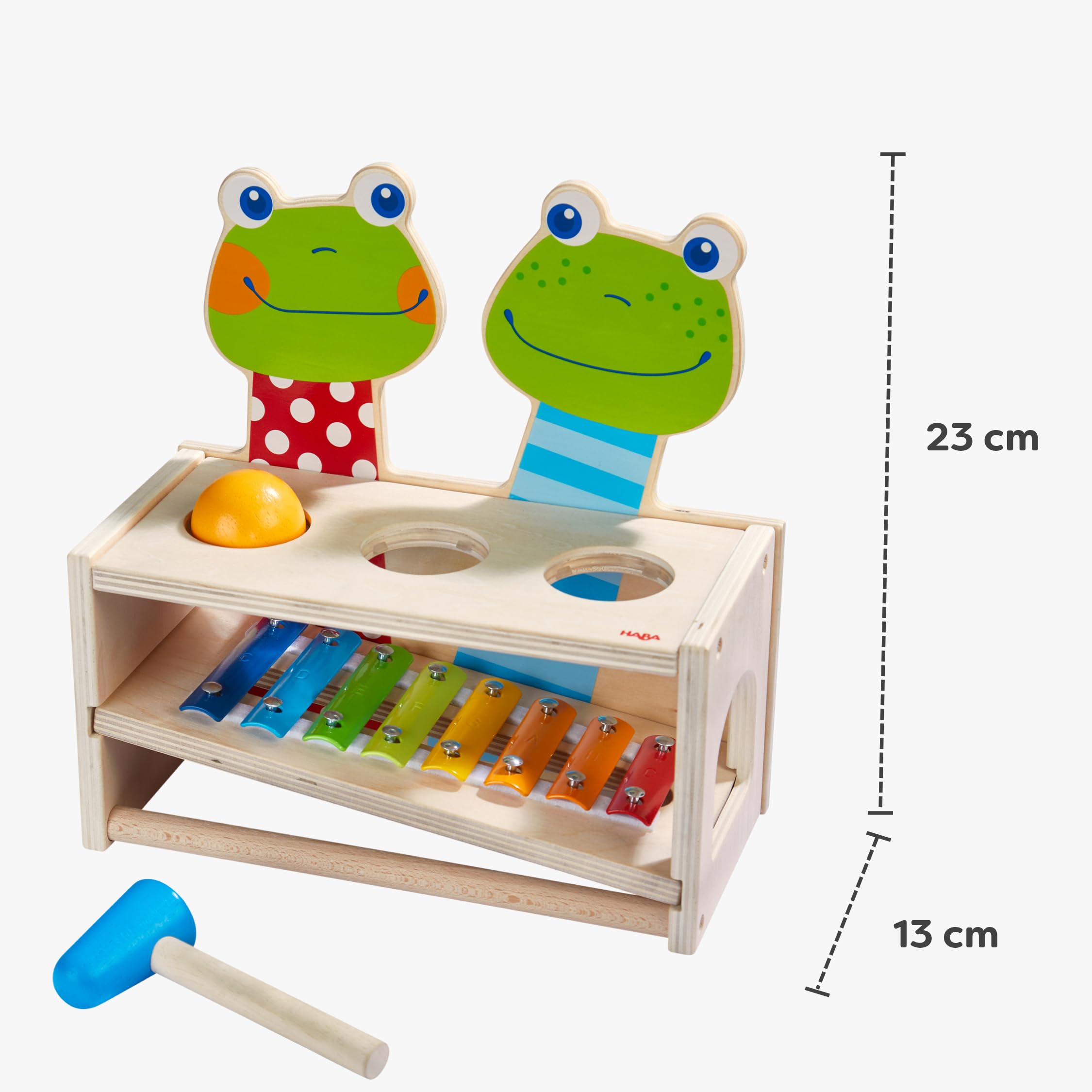 HABA 304271 - Klang-Klopfbank Froschkonzert, Klopfbank und Metallophon mit Kugel und Schlägel, Spielzeug ab 2 Jahren