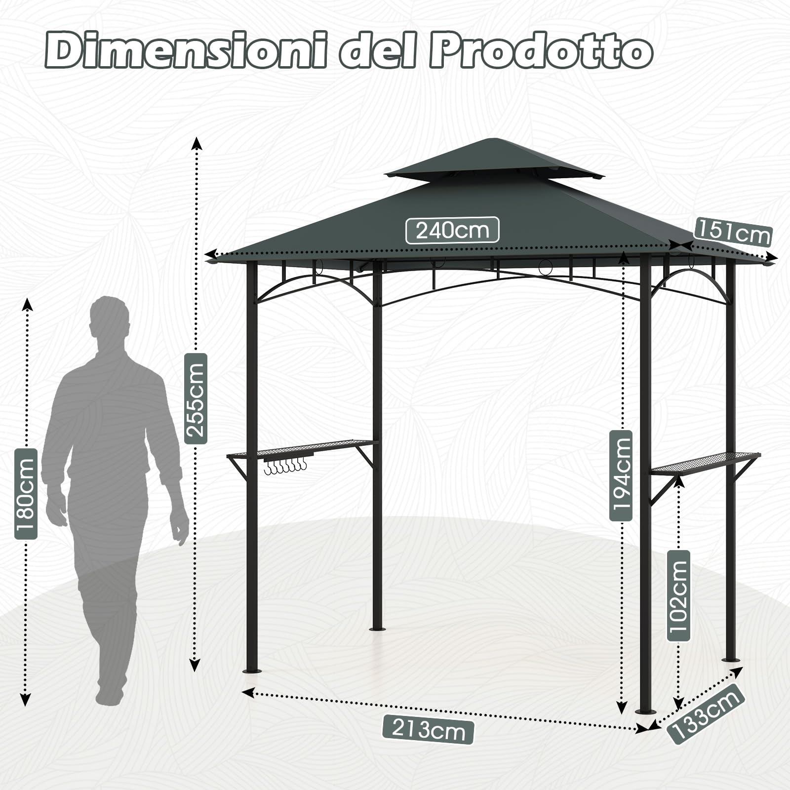COSTWAY Gazebo per Barbecue 240 x 151 cm, Pergola per BBQ con con 2 Ripiani, 7 Ganci, Struttura in Metallo e Tetto Morbido, Tenda per Picnic e Barbecue per Giardino, Piscina e Terrazza (Grigio)