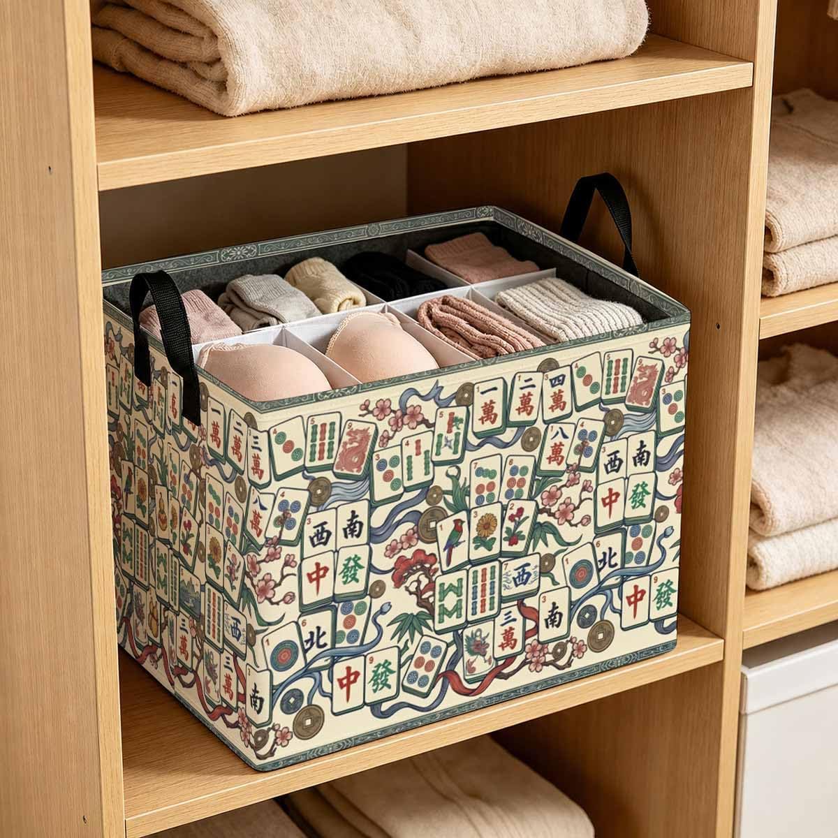 Vintage Mahjong Storage Basket with Handles, Chinese Mahjong Laundry Hamper 56L Large Collapsible Organizer, Laundry Basket for Bathroom/Laundry/Bedroom image 3