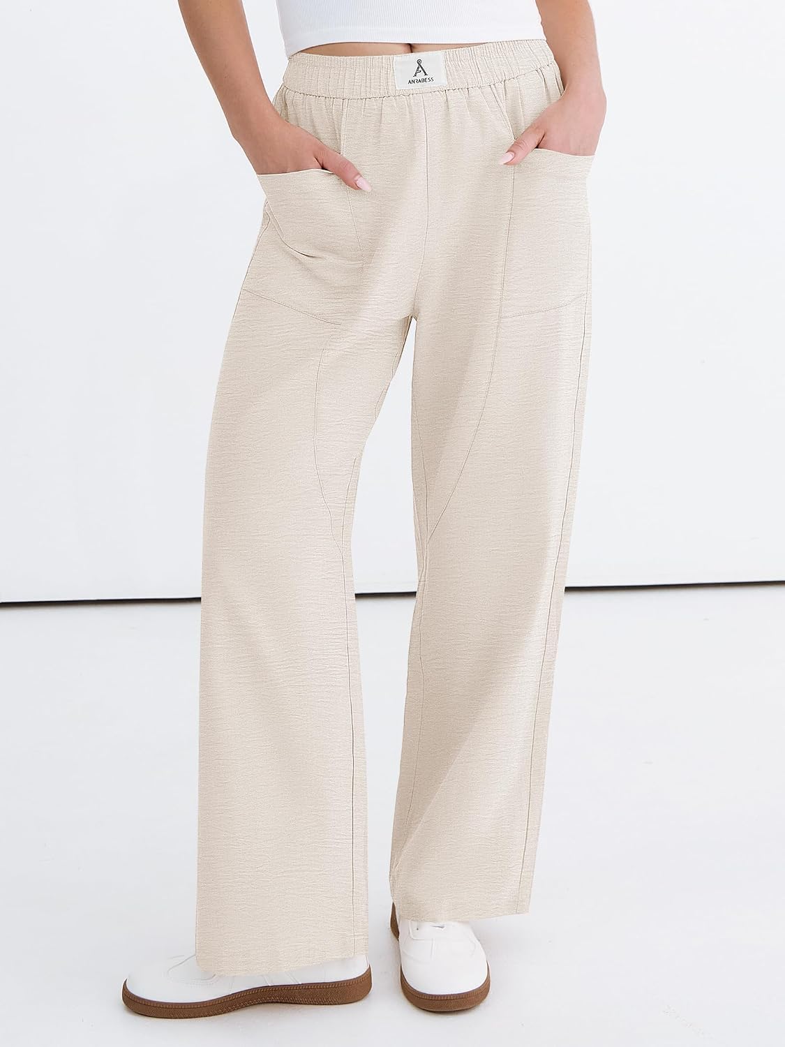 ANRABESS Womens Casual Pants 2026 Summer Loose Fit Lounge Pants with Pockets High Waisted Elastic Waist Straight Leg Trousers